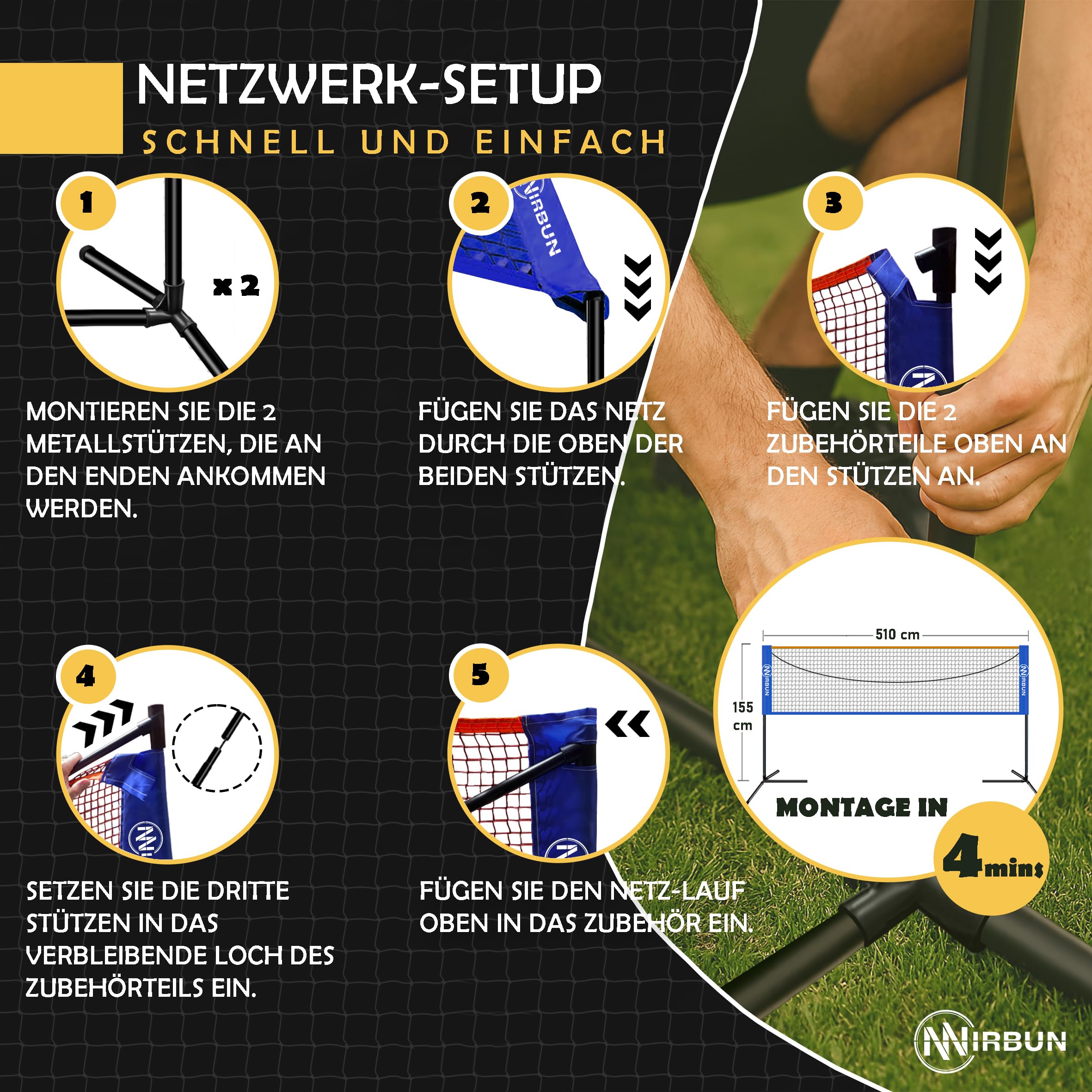 Badminton-Set für 4 Spieler mit Netz | Professionelle Schläger + 3 Federbälle + Tragetasche | Robuster Metallrahmen | 5,1 m Netz | Familienspiel für drinnen und draußen