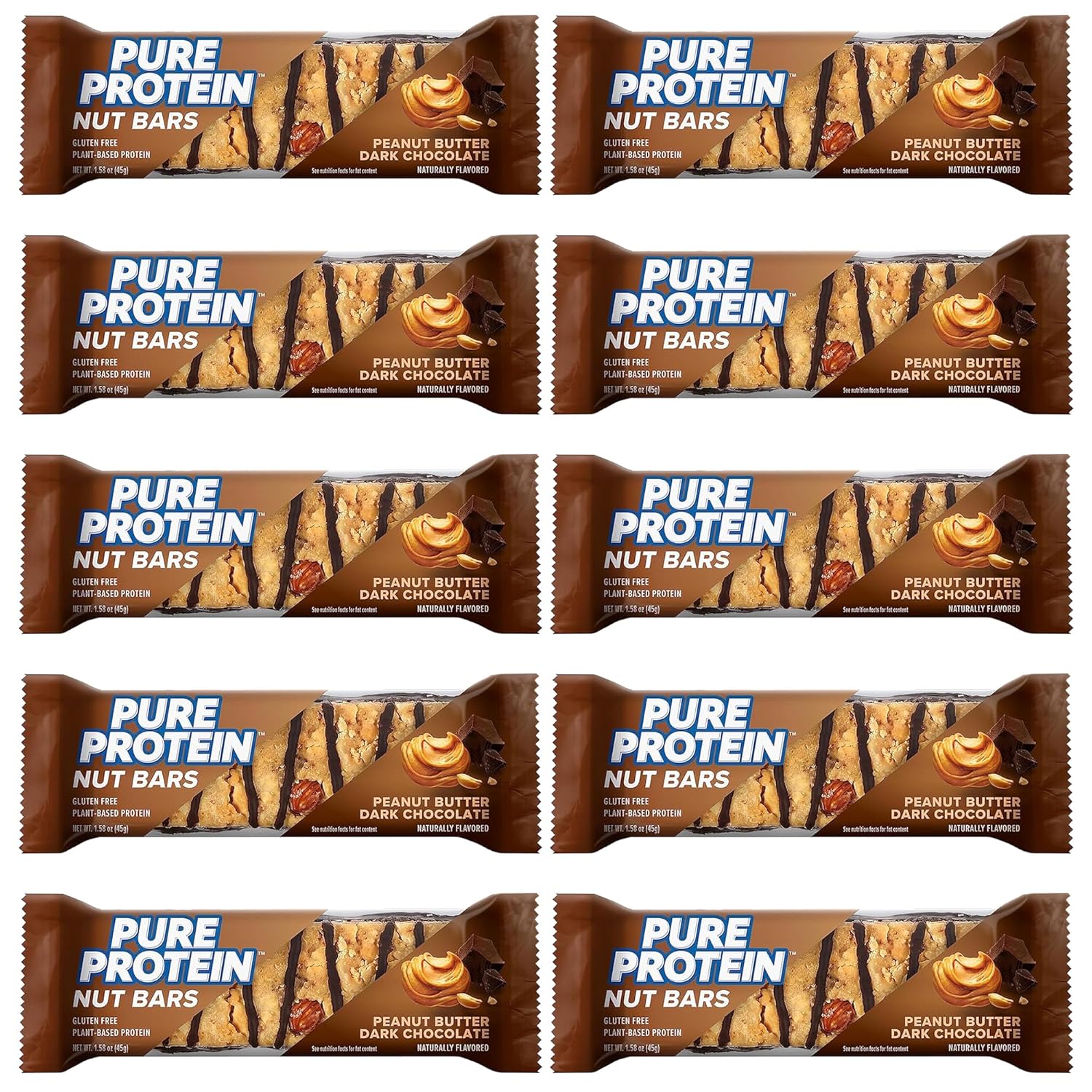 Pure Protein Nut Bars, Peanut Butter Dark Chocolate, 10g Protein, 1.64 oz, 10 Pack Gluten Free, Low Sugar, Peanut Butter Dark Chocolate