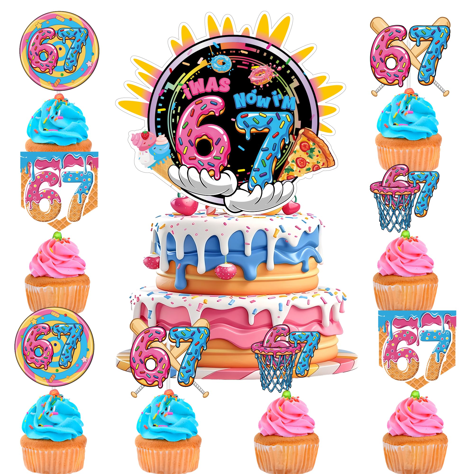 6 7 Birthday Cake Toppers - 25 Pcs I Was 6 Now I M 7 Large Cake Topper Mini Cupcake Toppers Decoration Donut Ice Cream Baseball Basketball for Kids Girls Boys Birthday Party Supplies