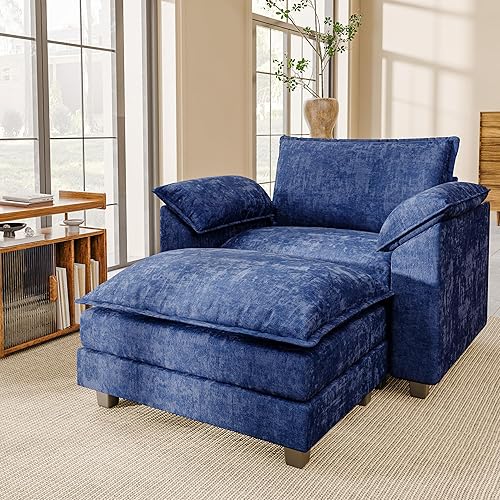 JUMMICO 40" Chaise Lounge Chair for Single Comfy Upholstered Deep Seat Reading Arm Chair Clould Couch for Living Room, Apartment Office, Small Spaces (Dark Blue-3, Single Sofa)