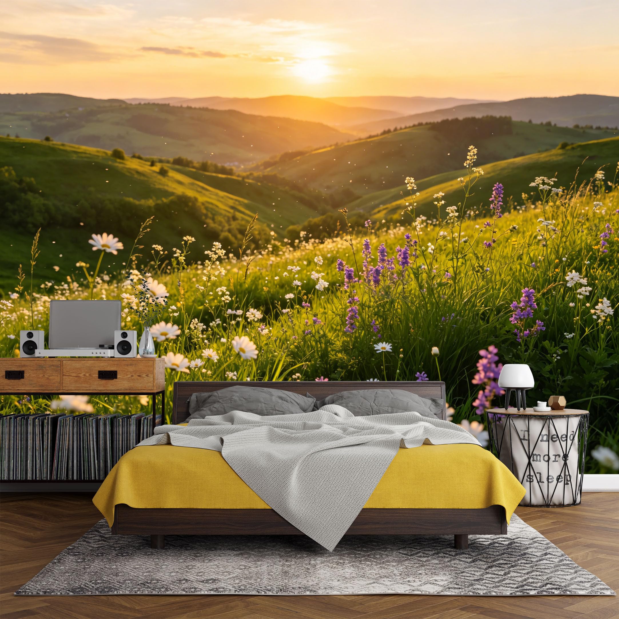 Custom Size Wall Mural， Landscape Wildflower Meadow Sunset Hills Nature Scenery，SelfAdhesive Art Prints wall Fabric (No PVC) Removable Wallpaper Living Room Decor