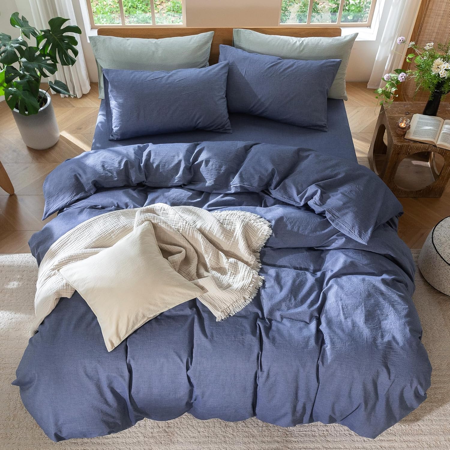 MooMee Bedding Duvet Cover Set 100% Washed Cotton Linen Like Textured Breathable Durable Soft Comfy (Heathered Blue, King 104"x90") - Image 5
