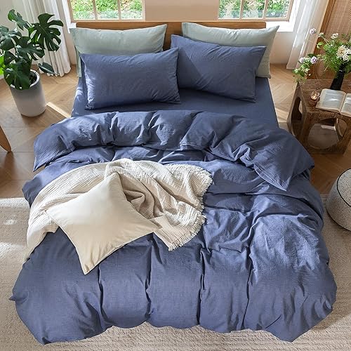 Miniatura 23 de MooMee - Juego de funda de edredón, 100% algodón lavado, textura parecida al lino, transpirable, duradero, suave y cómodo (gris pardo, King)