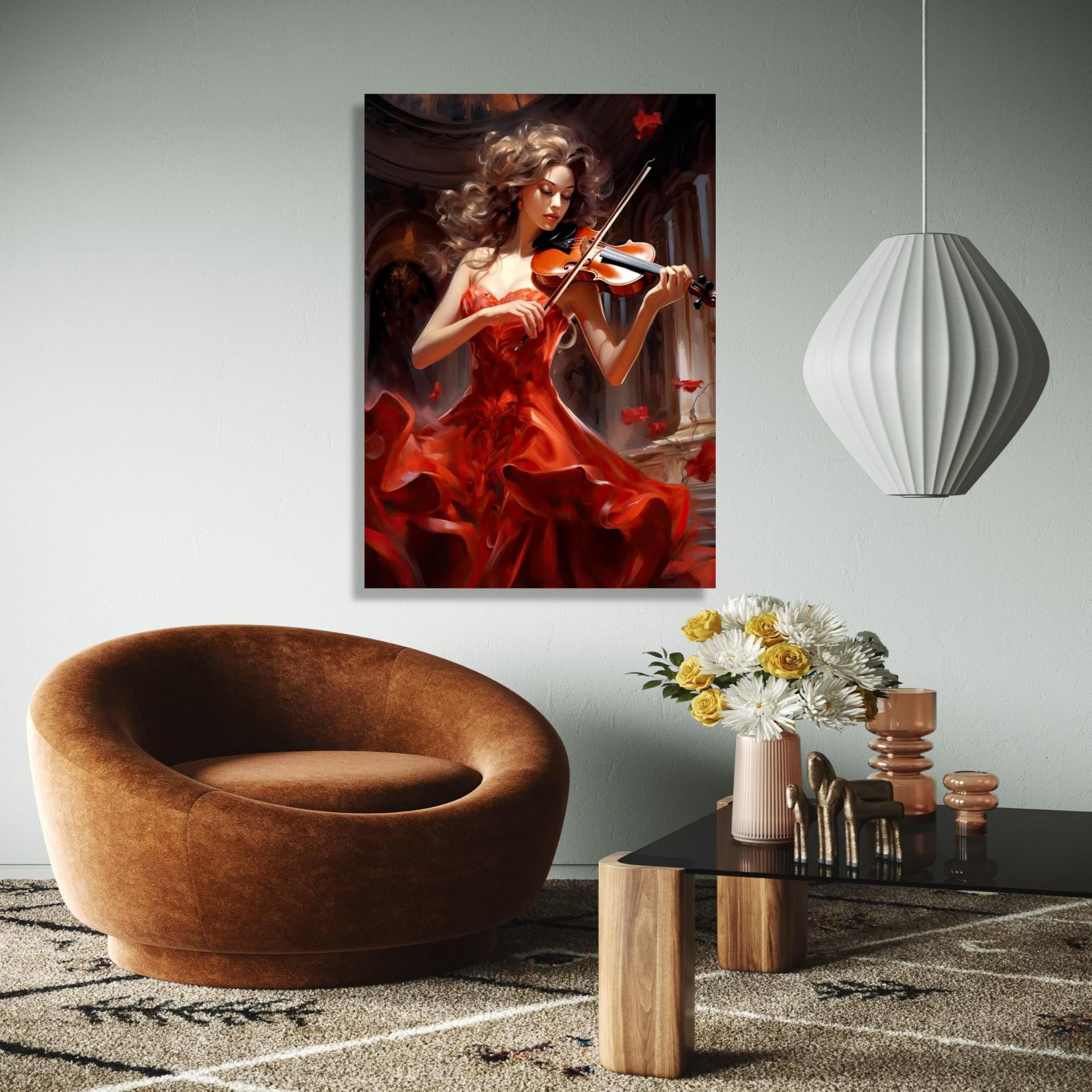 XBTYKPB Lienzo de violinista con vestido rojo fluido, arte mural de instrumentos musicales, decoración de música clásica, decoración romántica del hogar, pintura (70 x 100 cm/marco interior)