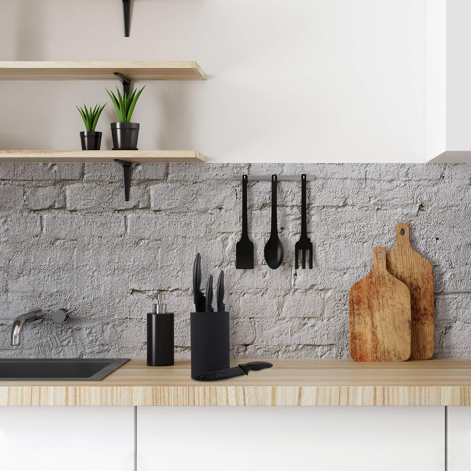 Relaxdays 10027642_49 Empty Knife Block with Bristles, Holder for up to 8 Pieces, Versatile, HD 18x11 cm, Black-White, Plastic