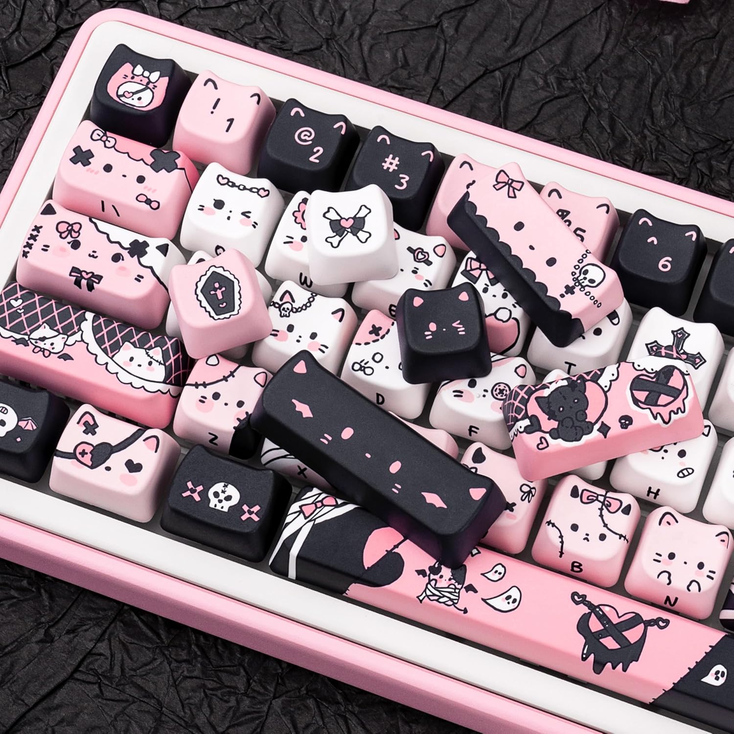 Cute Cat Keycaps, Mao Profile Pink and Black PBT Keycaps, 130 Keys Meow Meow Keyboard Keycap Sets Compatible with 65% 75% 96% 100% Cherry Gateron MX Switches Mechanical Gaming Keyboard