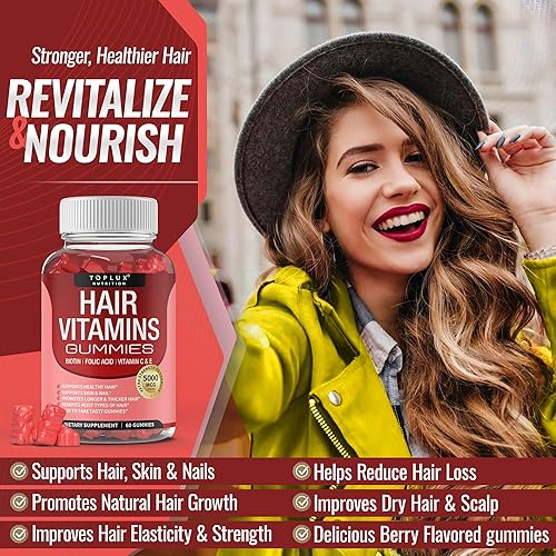 Miniatura 3 de Suplemento de gomitas de vitaminas para el cabello  Gomitas de crecimiento más rápido del cabello, 5000 mcg de biotina, ácido fólico, vitamina C y