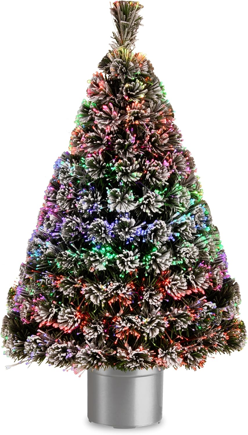 National Tree 48 Inch Fiber Optic Flocked Evergreen Tree with Multicolored Lights in Silver Base (SZEF7-100L-36-1)