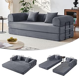 79" 5-in-1 Convertible Sleeper Sofa, No Assembly Fixed Frame Corduroy Couch, High-Density Foam Fold Out Bed for Small Spaces, Living Room, Dorm (Dark Gray)