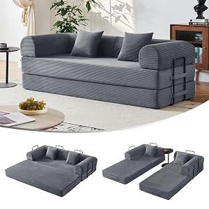 79 5-in-1 Convertible Sleeper Sofa No Assembly Fixed Frame Corduroy Couch High-Density Foam Fold Out Bed for Small