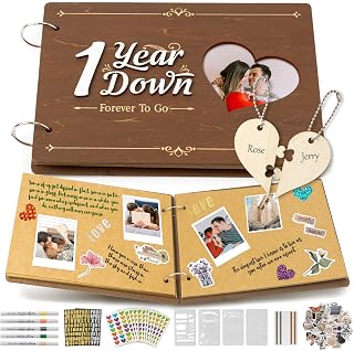 CY2SIDE Couple 1 Year Anniversary Scrapbook - 111PCS 1st Down Photo Wooden Album Scrapbook Craft Kit with Heart Puzzle Brown Paper Sticker Marker Template for DIY Anniversary Dating Gifts for Him Her