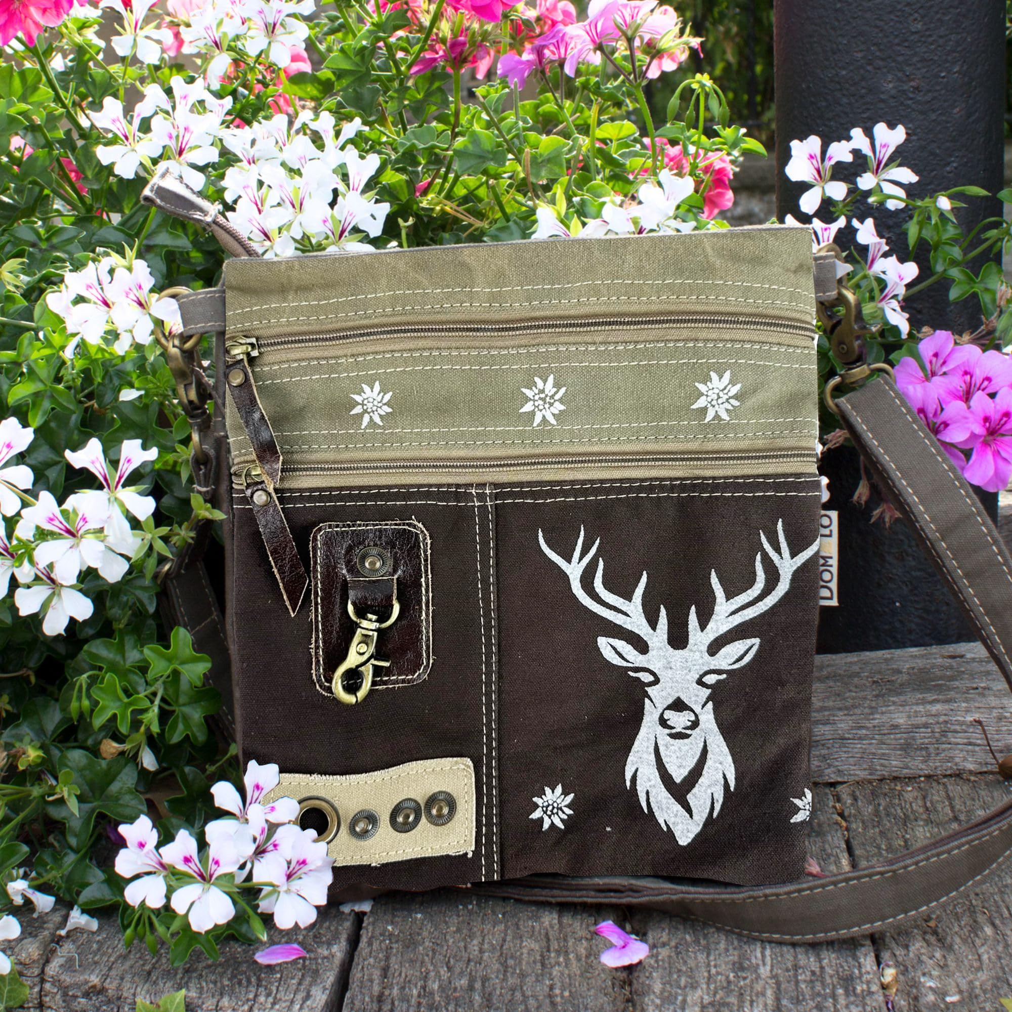 Domelo Dirndl Bolso bandolera Oktoberfest para mujer, accesorios pequeños, con ciervo, pequeños regalos para adolescentes, niñas, crossbody Bag vintage, retro, de lona y piel, marrón, 25x 29x5 cm