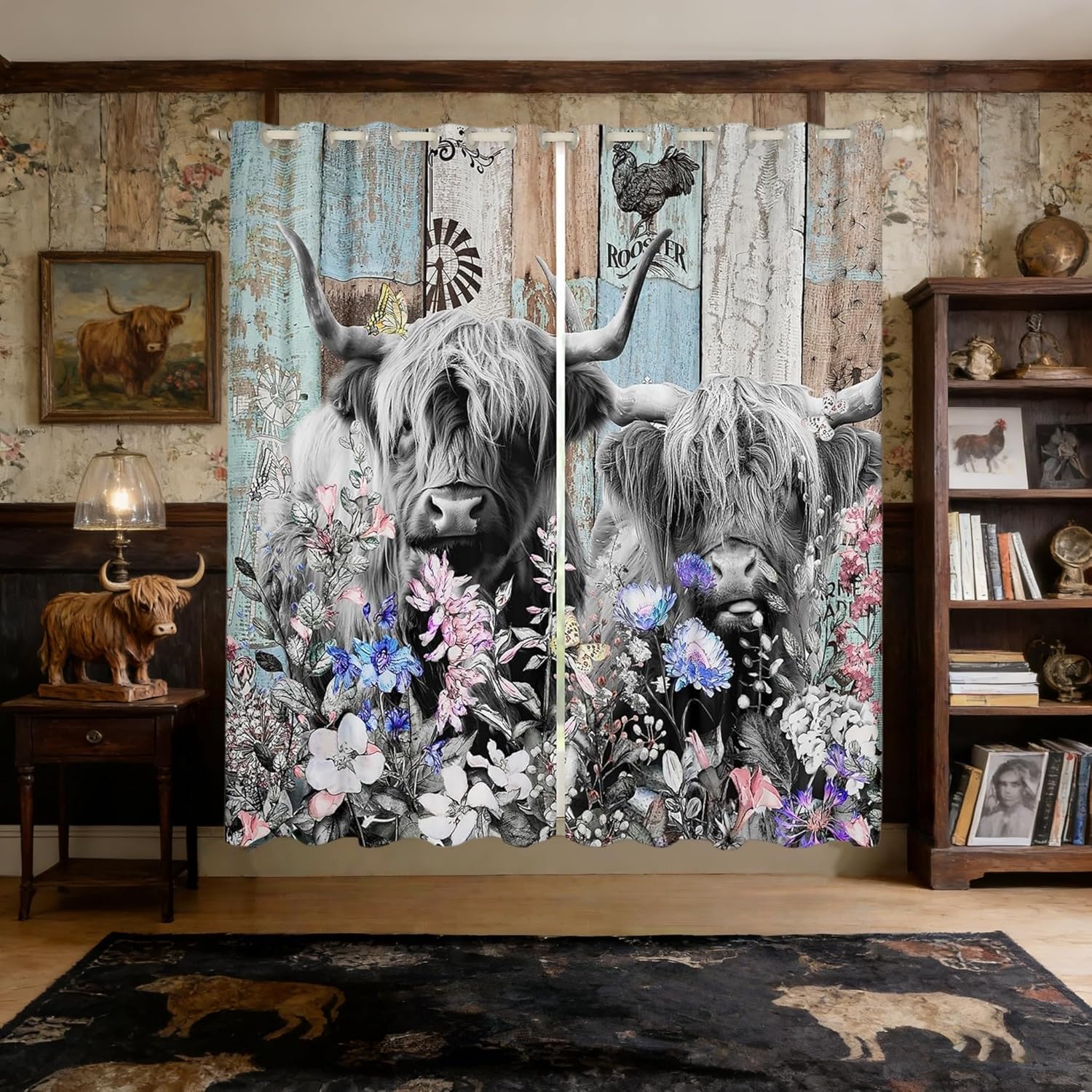 Highland Cattle Window Curtain,Farmhouse Cow Wild Animals Flowers Blackout Window Drapes for Girls Boys,Rustic Country Wooden Board Window Treatment Curtains for Living Room, 38Wx45L inch