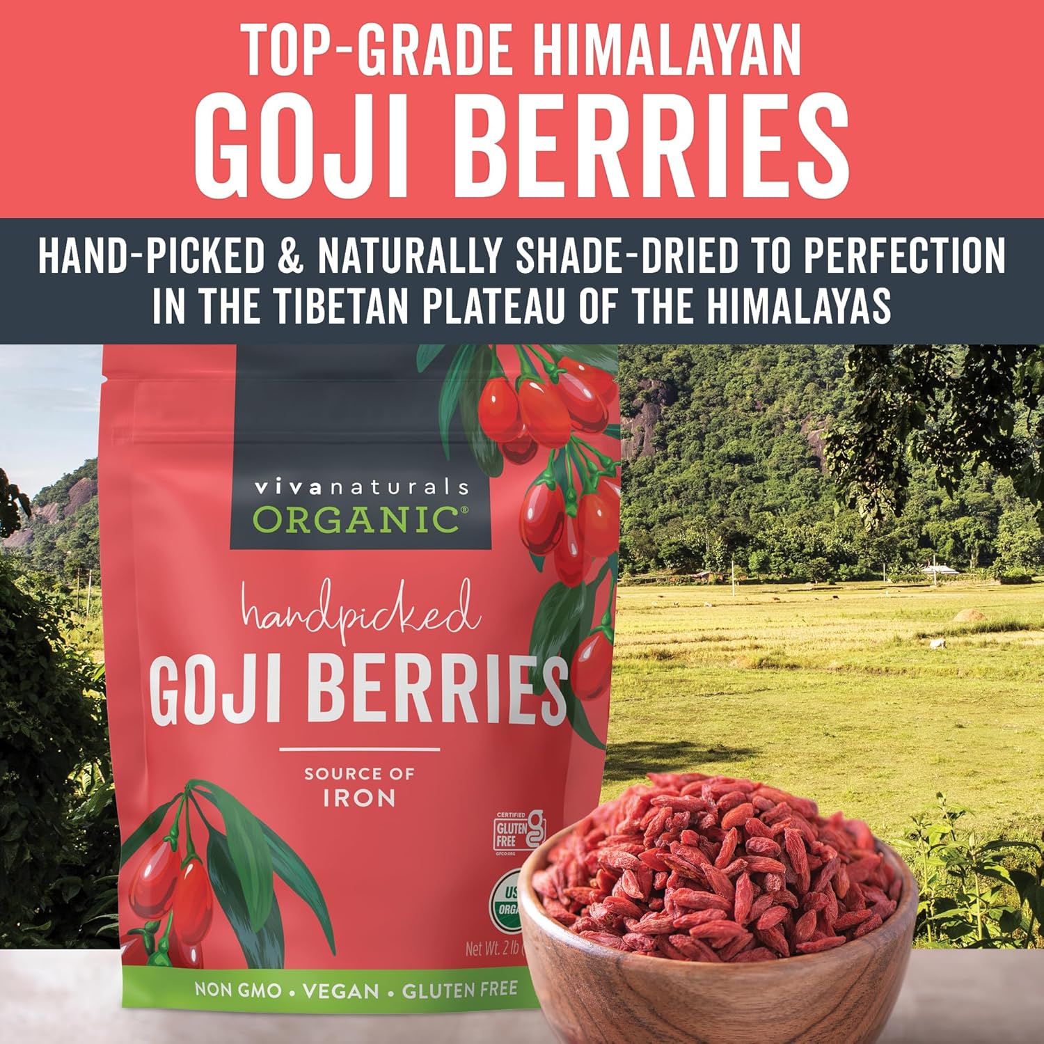 Viva Naturals Organic Dried Goji Berries, 2 lb (907 g) – Non-GMO, Vegan Wolfberries, Perfect for Goji Berry Tea, Smoothies, Baking & Snacking