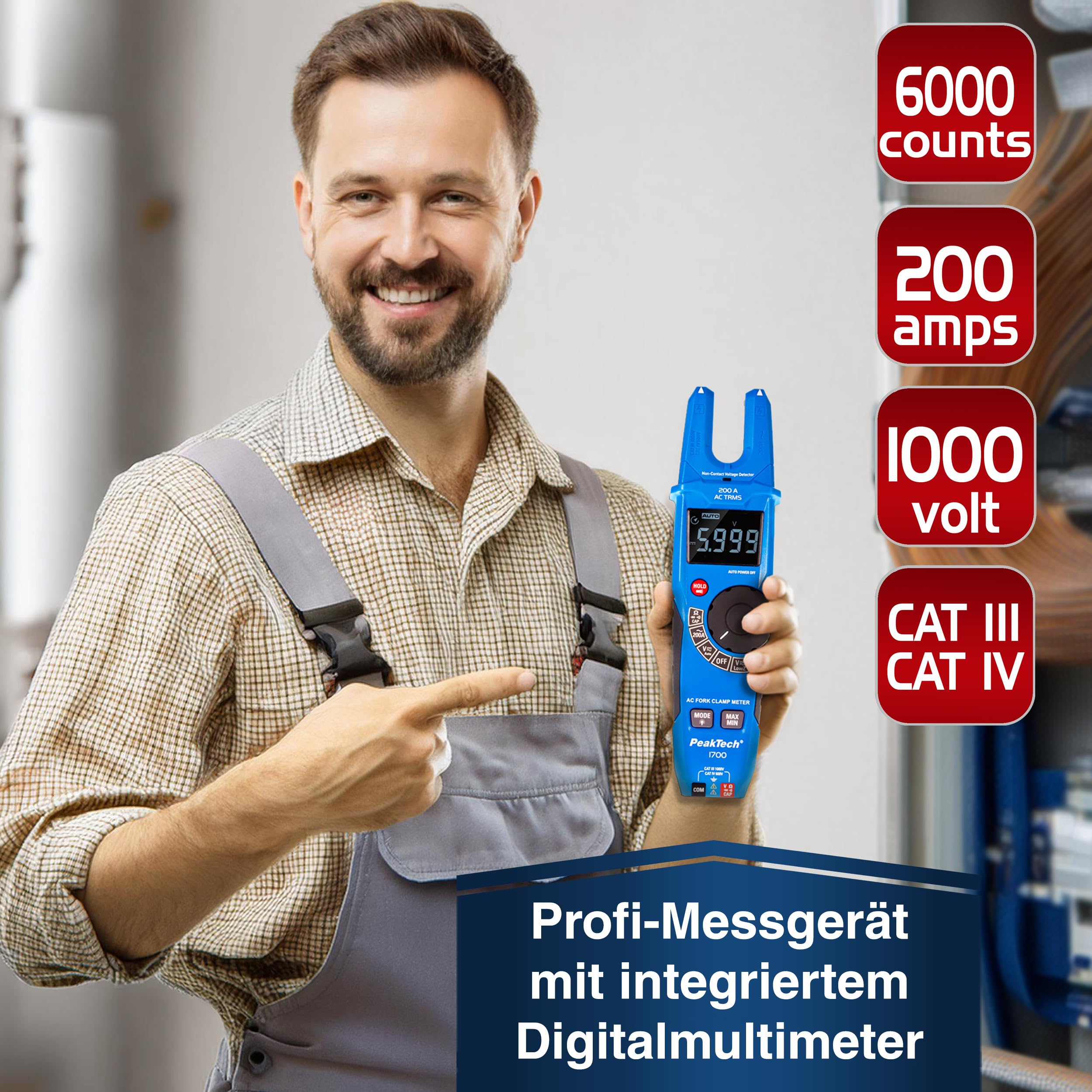 PeakTech P1700, Pinza amperometrica a vero valore efficace 200 A CA, Amperometro a pinza con display LCD, Pinza amperometrica aperta con rilevatore di tensione, voltmetro senza contatto