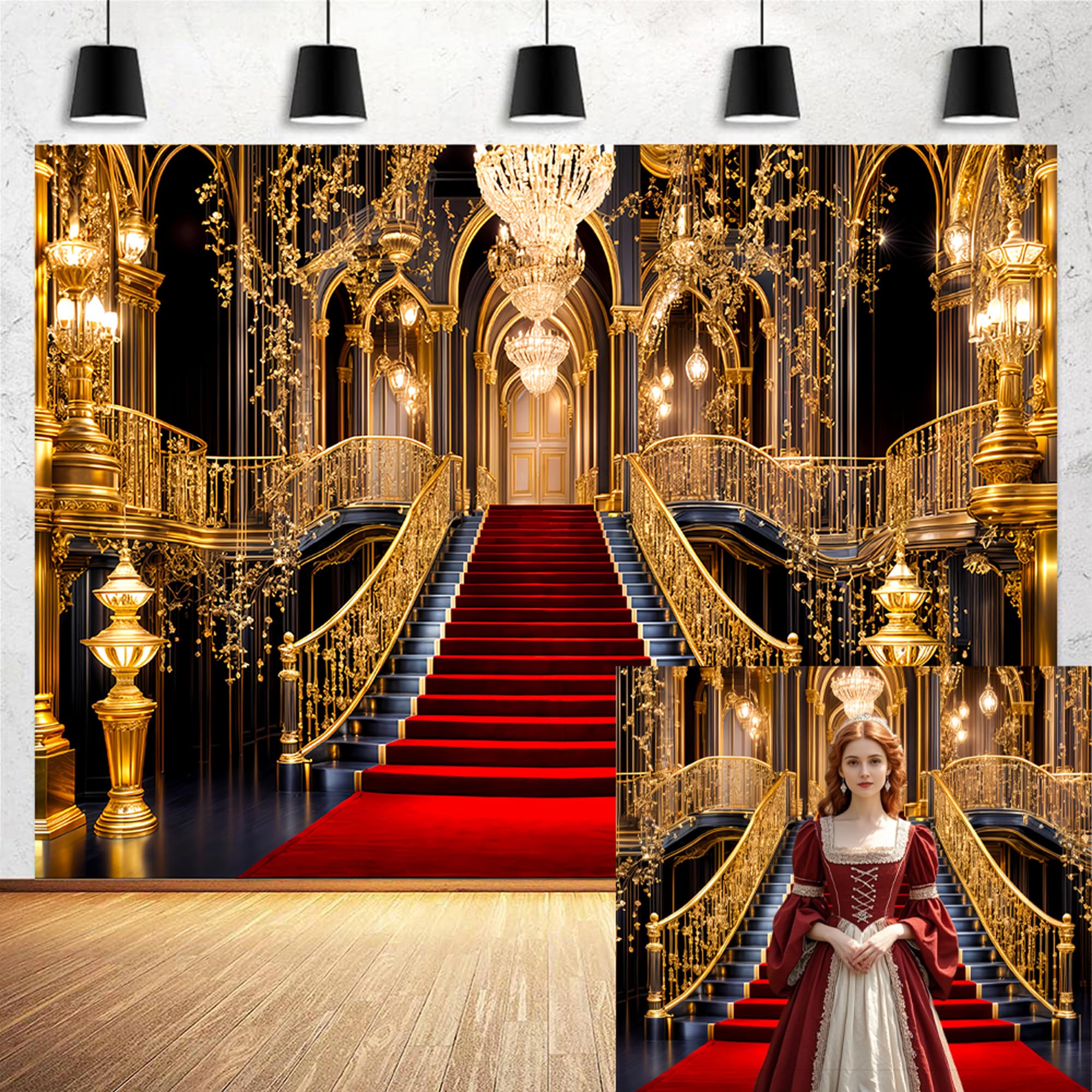 7x5ft Luxurious Golden Palace Backdrops Red Carpet Backdrop Gorgeous Princess European Castle Background for Photography Wedding Birthday Ceremony
