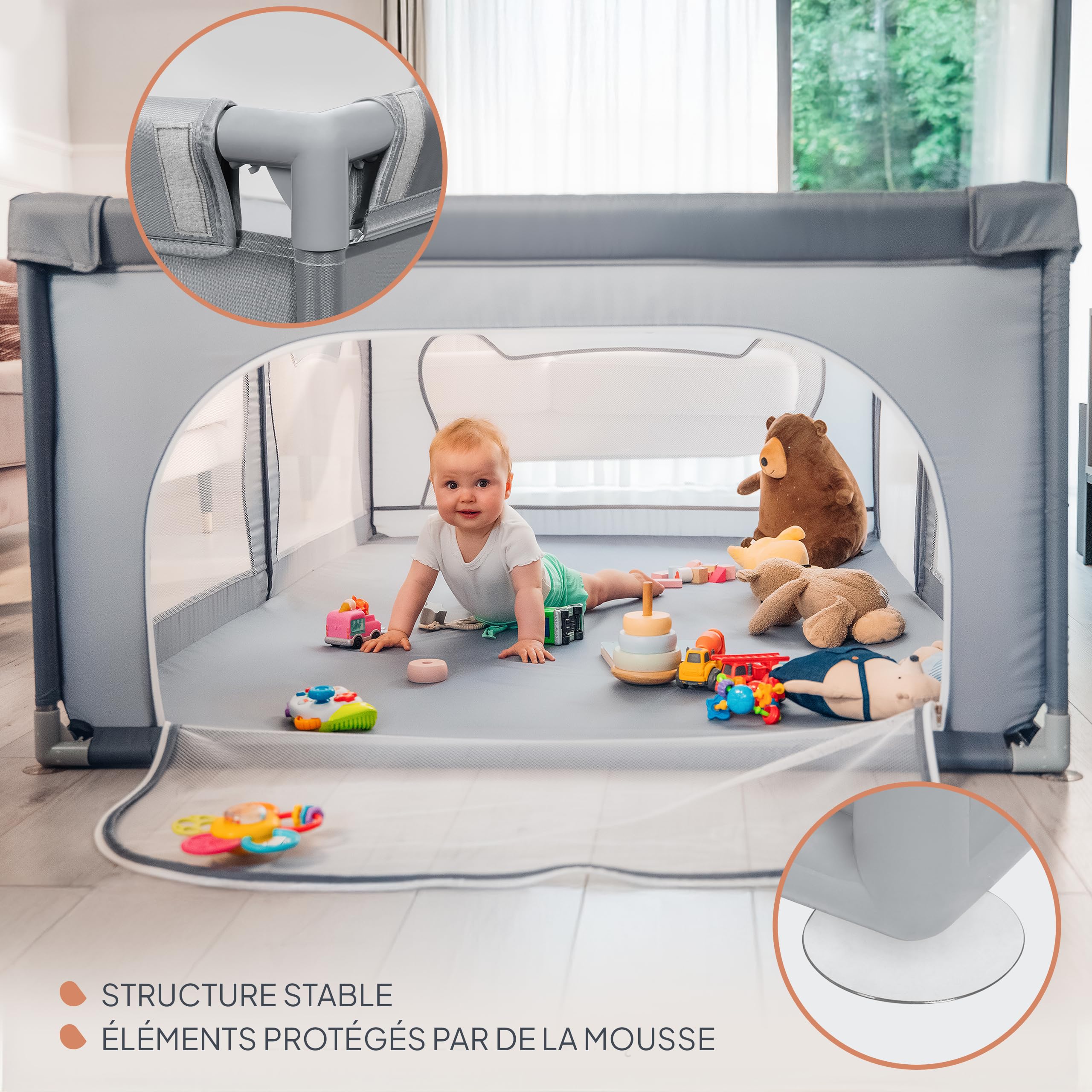 LIONELO WILLOW Parc pliant pour bébé, de 0 à 48 mois, grand espace 120 cm x 180 cm x 68 cm, parc pour bébé avec filet respirant, 2 entrées latérales zippées (Grey)