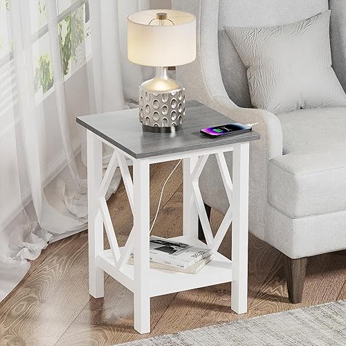 Miniatura 7 de Mesa auxiliar de granja, mesa auxiliar pequeña con estación de carga, mesita de noche con estante de almacenamiento, puertos USB y salidas para