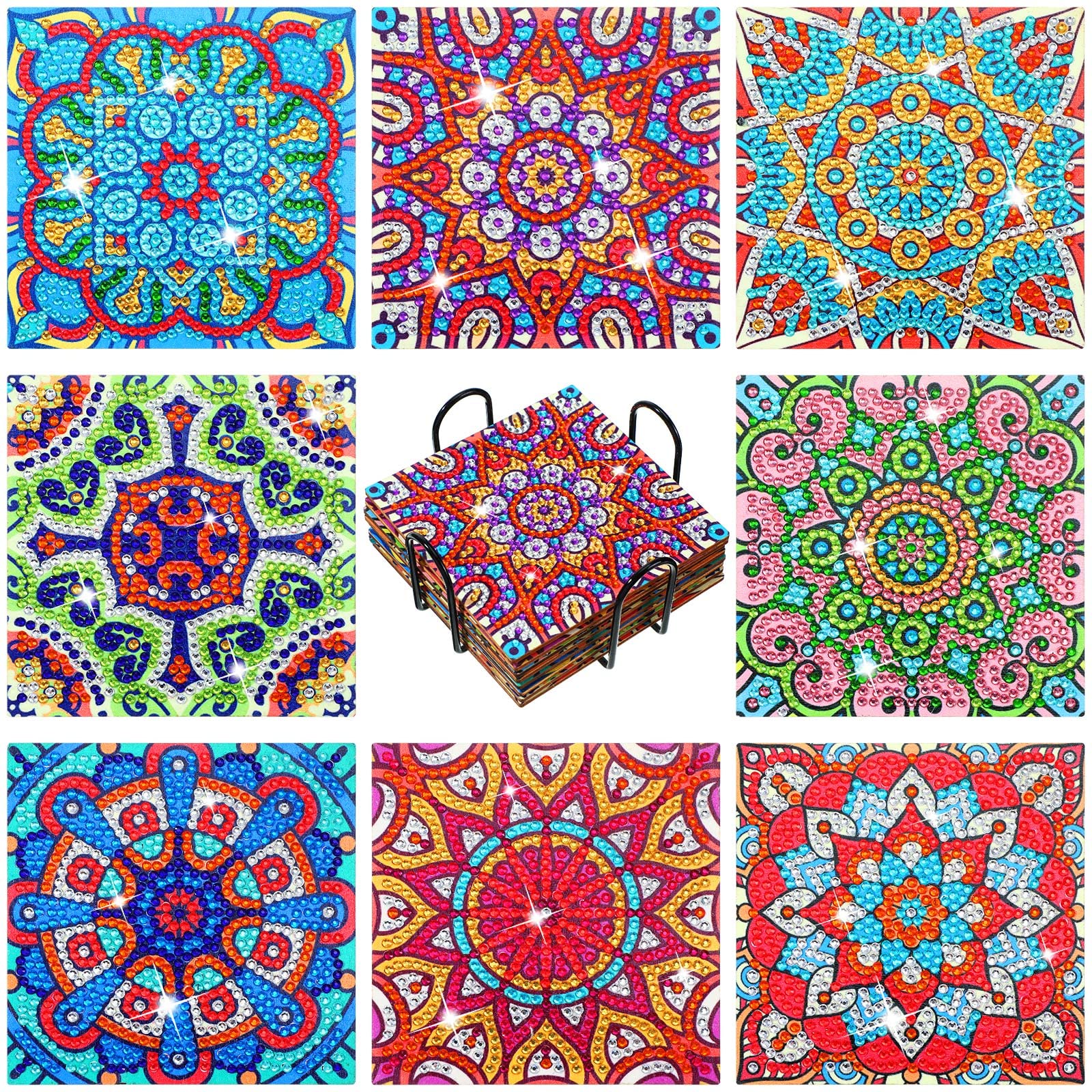 Meanplan 8 Pcs Mandala Diamond Painting Coasters with Holder Diamond Painting Kits for Adults Diamond Art Coasters for Kids Diamond Art Kits for Crafts DIY 5D Beginner Supplies