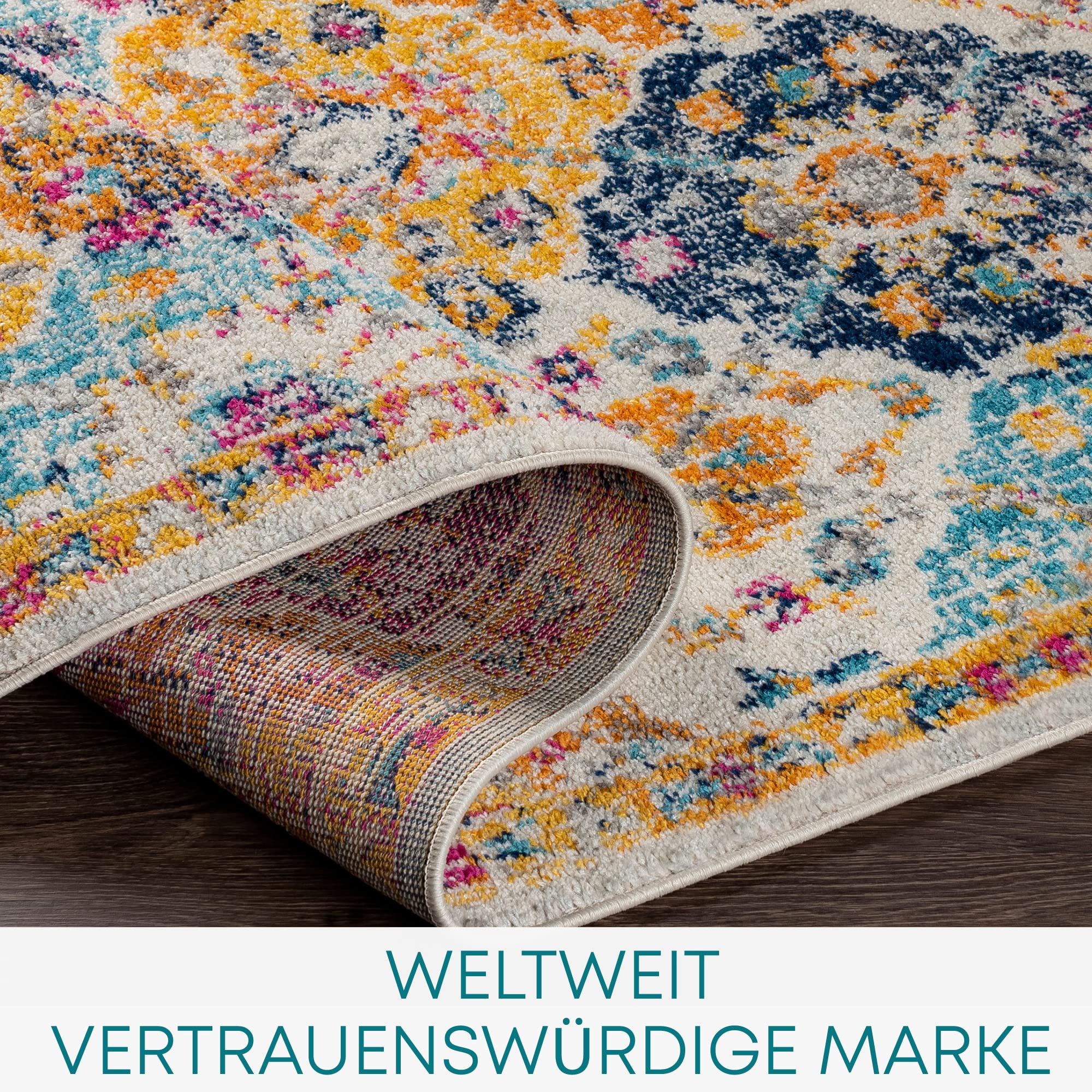 Livabliss Sicily Vintage Teppich groß - Teppich Wohnzimmer 160x220 cm, Esszimmer, Schlafzimmer, Orientalischer Teppiche Boho Style - Carpet Living Room, Bunter Muster, Senfgelb, Orange, Weinrot, Blau
