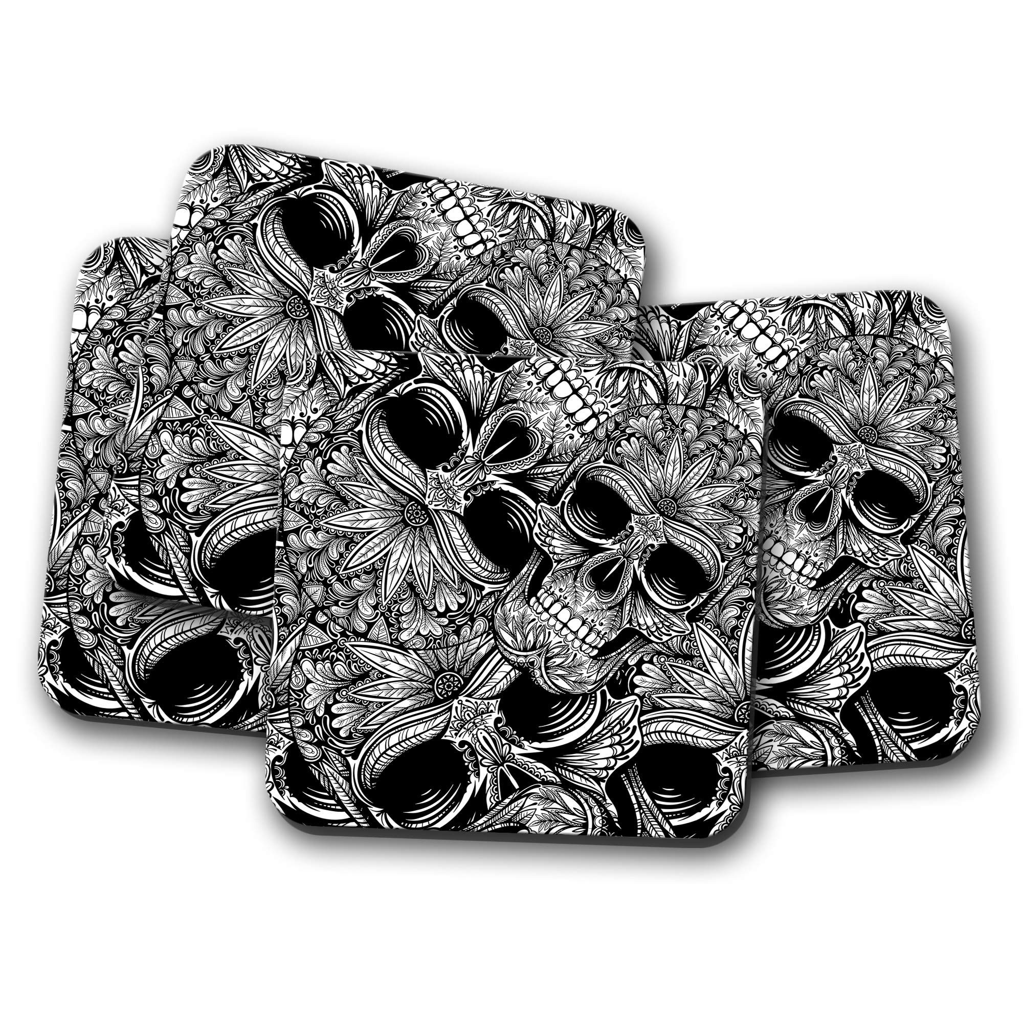 4 Set - Black & White Skull Coaster - Flowery Skulls Teen Fun #8806