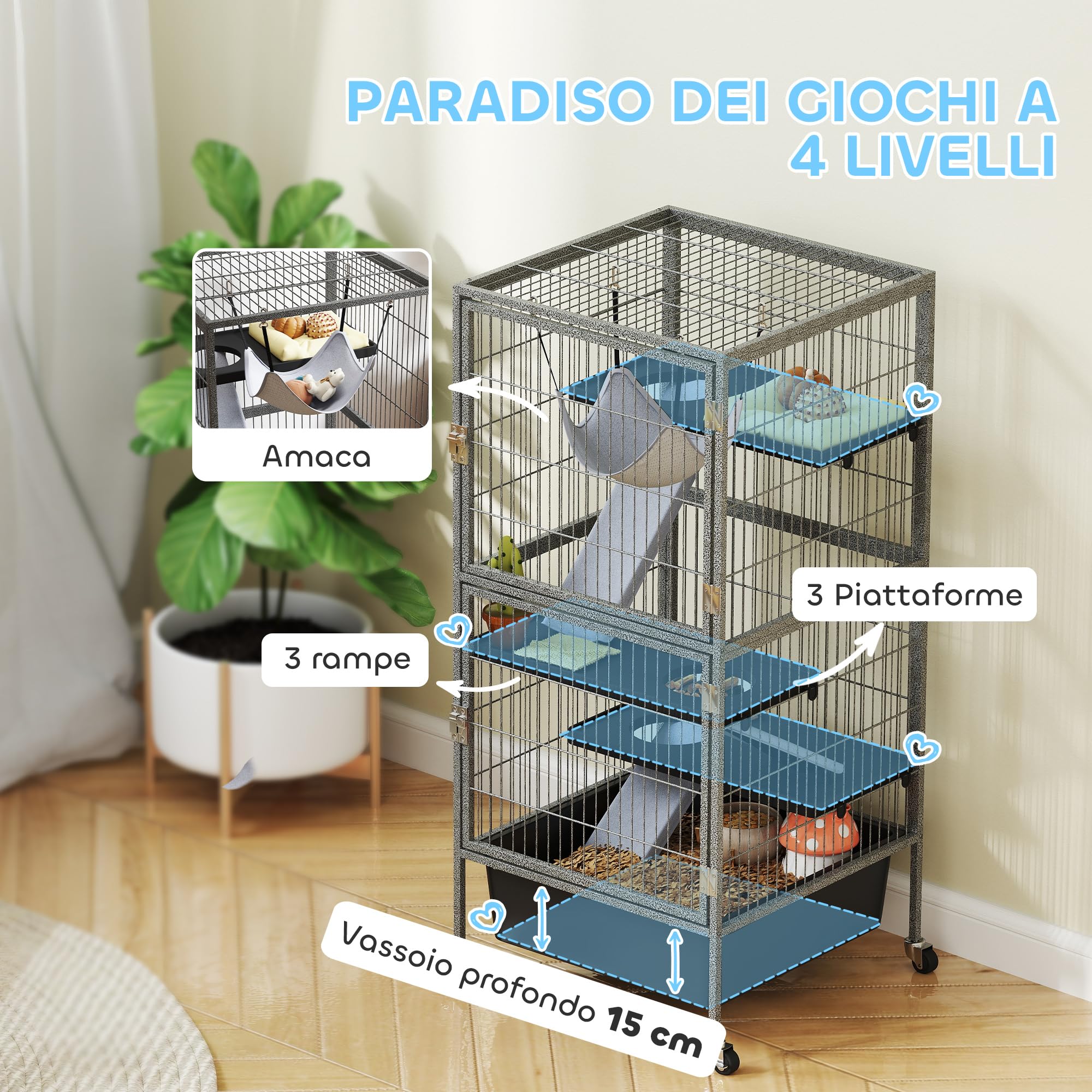 PawHut Gabbia per Piccoli Animali/Furetti 52x52x115 cm Grigio | Piattaforme, Rampe e Amaca, Vassoio Rimovibile, Ruote con Freno, Casetta per Conigli e Furetti a 4 Livelli