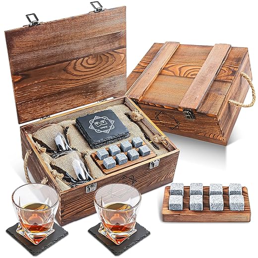 Baban Whiskey Gift Sets for Men & Dad, Whiskey Set with 2 Whiskey Glasses, 8 Whiskey Stones and 2 Slate Coasters in Wooden Box, Personalised Gifts for Christmas, Birthday, Boxing Day, New Year Party