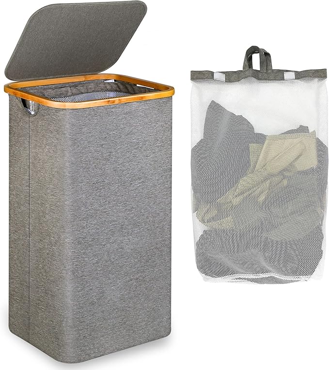 Slim Laundry Hamper with Lid, Narrow Laundry Hamper with Removable Bag, Collapsible Dirty Clothes Basket with Handles for Bathroom, Bedroom & Laundry Room, 75L Black