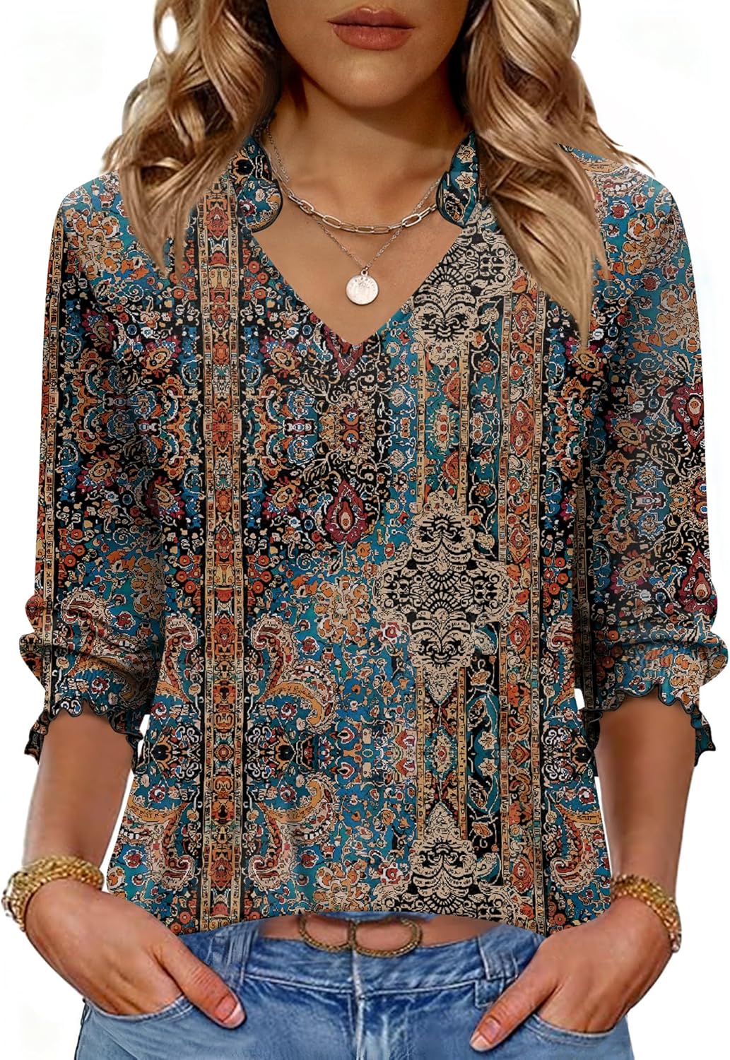 Kistore Tops for Women Dressy Casual 3/4 Length Sleeve Blouses with Pleated Cuffs 2026 Trendy Shirts