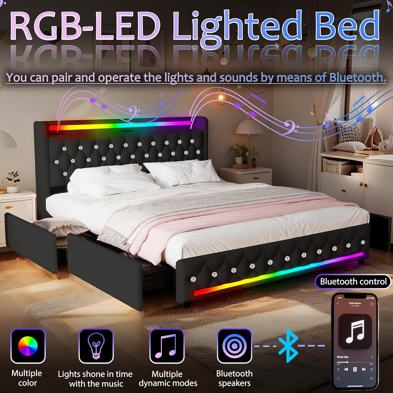 Queen Bed Frame with Bluetooth Speakers,USB & Type-C Charging Station & LED Headboard and Footboard & 4 Drawers Storage,Wooden Slats Support,Velvet Upholstered Bed,Easy Assembly,Black
