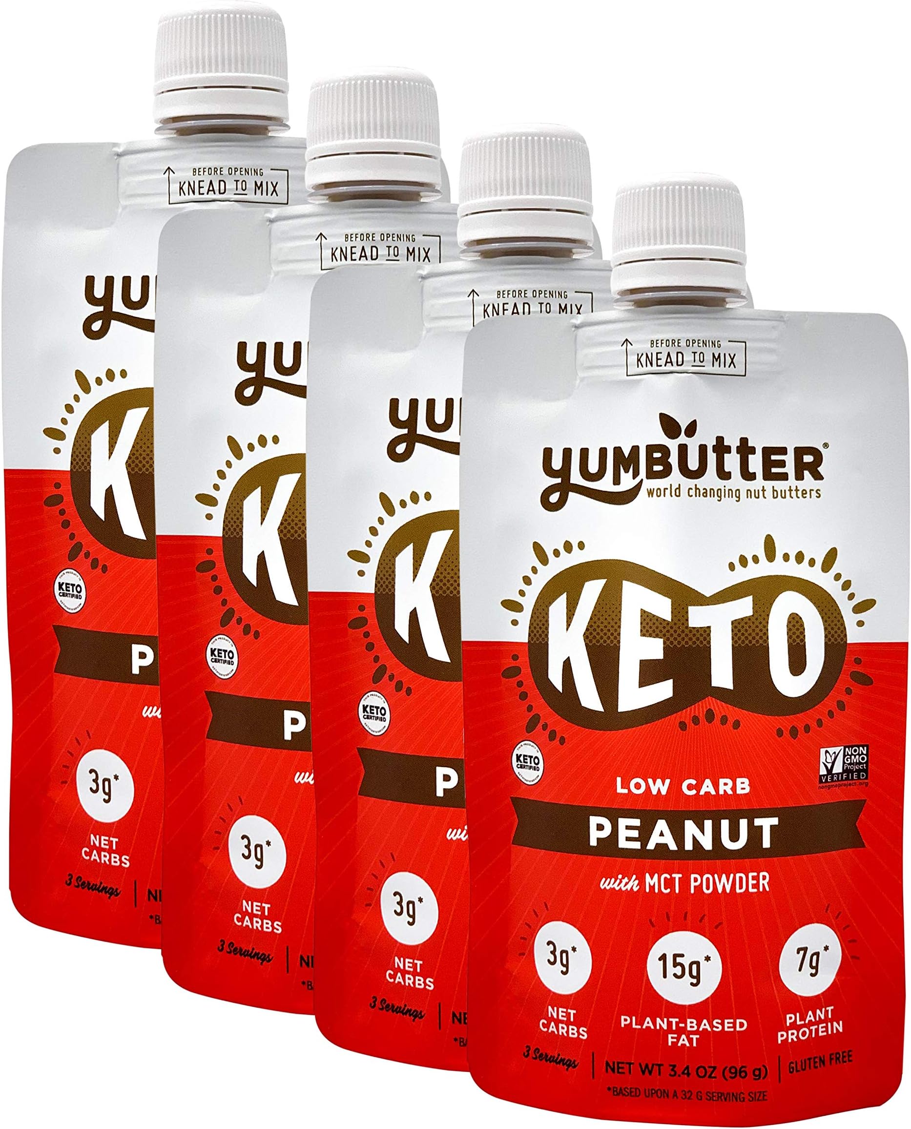 Keto Nut Butter, Peanut – Keto Snacks with MCT Oil, Fat Bomb Low Carb Snacks (3 Net Carbs), On-the-go Keto Food by Yumbutter, 3.4oz pouch, 4 pack