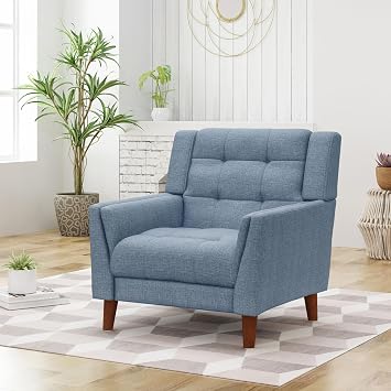 32" Polyester Upholstered Modern Accent Chair, Comfy Reading Chair with Tufted Back, Modern Minimalist Sofa Chair for Living Room, Blue