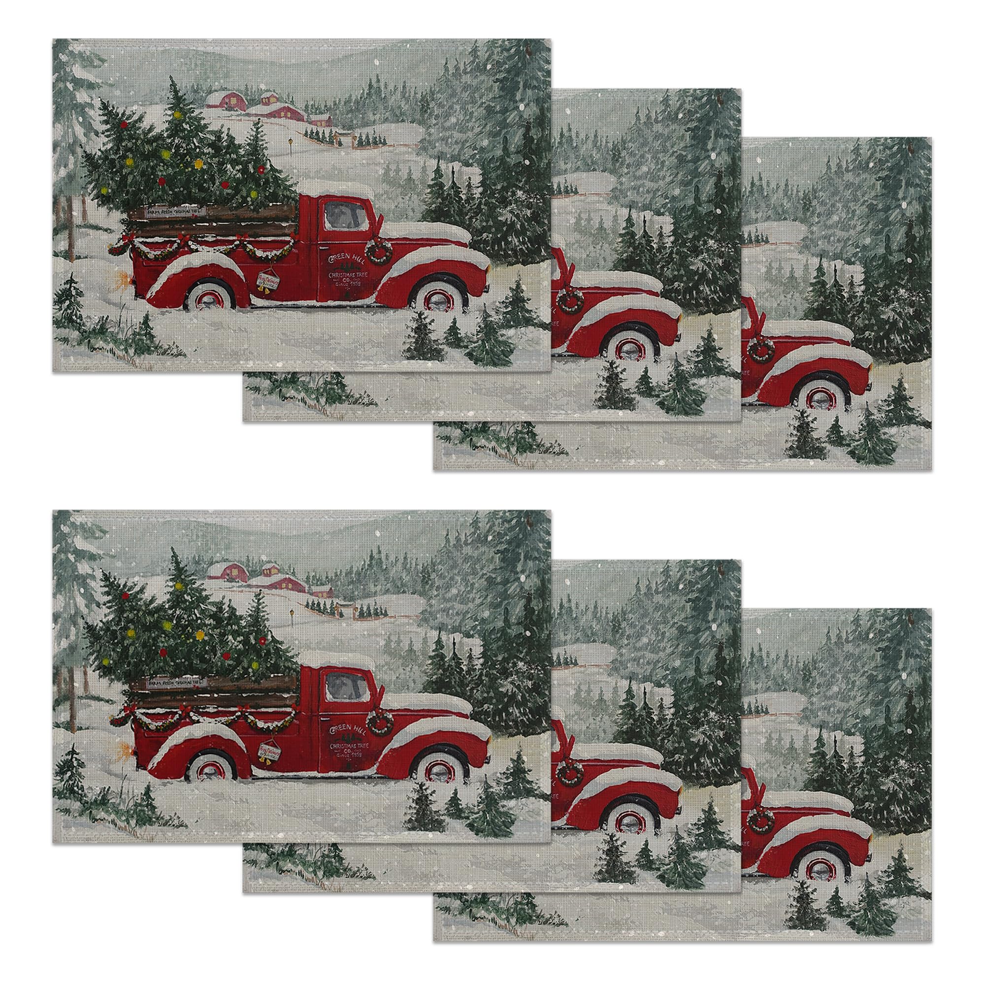 Christmas Tree Set of 6 Washable Linen Placemats,Red Truck Heat Resistant Non-Slip Table Mats for Kitchen Dining Table,Home or Party Decor 12"x18"