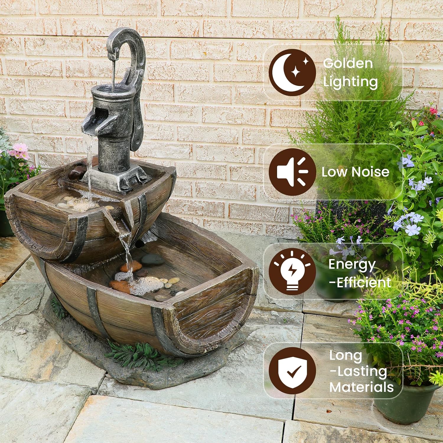 Sunlinua 27" Tall Rustic Outdoor Fountain 2-Tier Barrel Rock Natural Waterfall Water Fountain Outdoor Resin with Pump, LED Lights for Garden, Patio, Porch