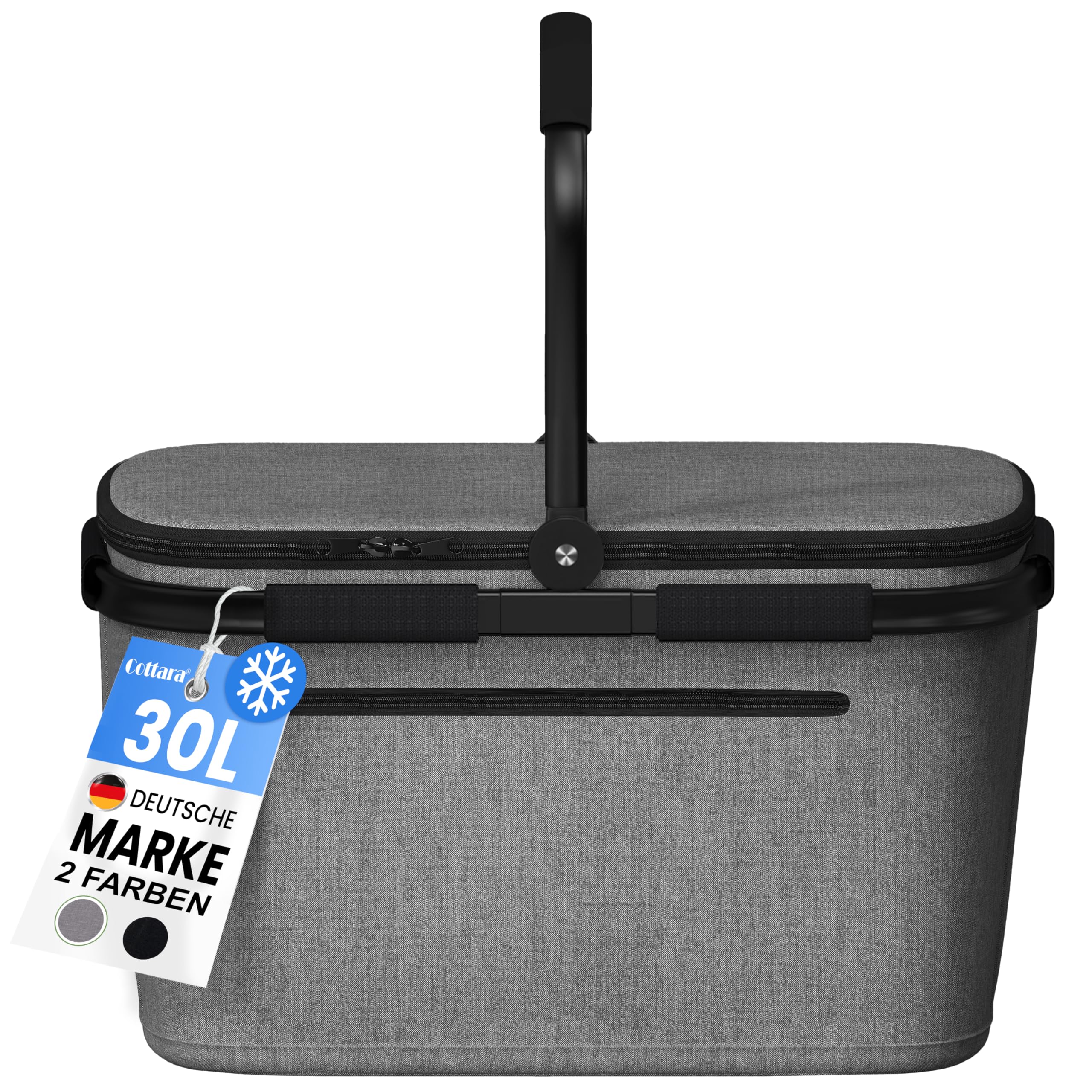 COTTARA Cesta de la compra térmica grande, aislada con tapa, base reforzada, compartimento frontal con cremallera, ideal como cesta refrigeradora o cesta de picnic (gris)