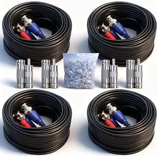 LETONDA 4-Pack 100ft BNC Video Power Cables for CCTV Security Cameras - Durable All-in-One Extension Kit with Free Connectors & Clips