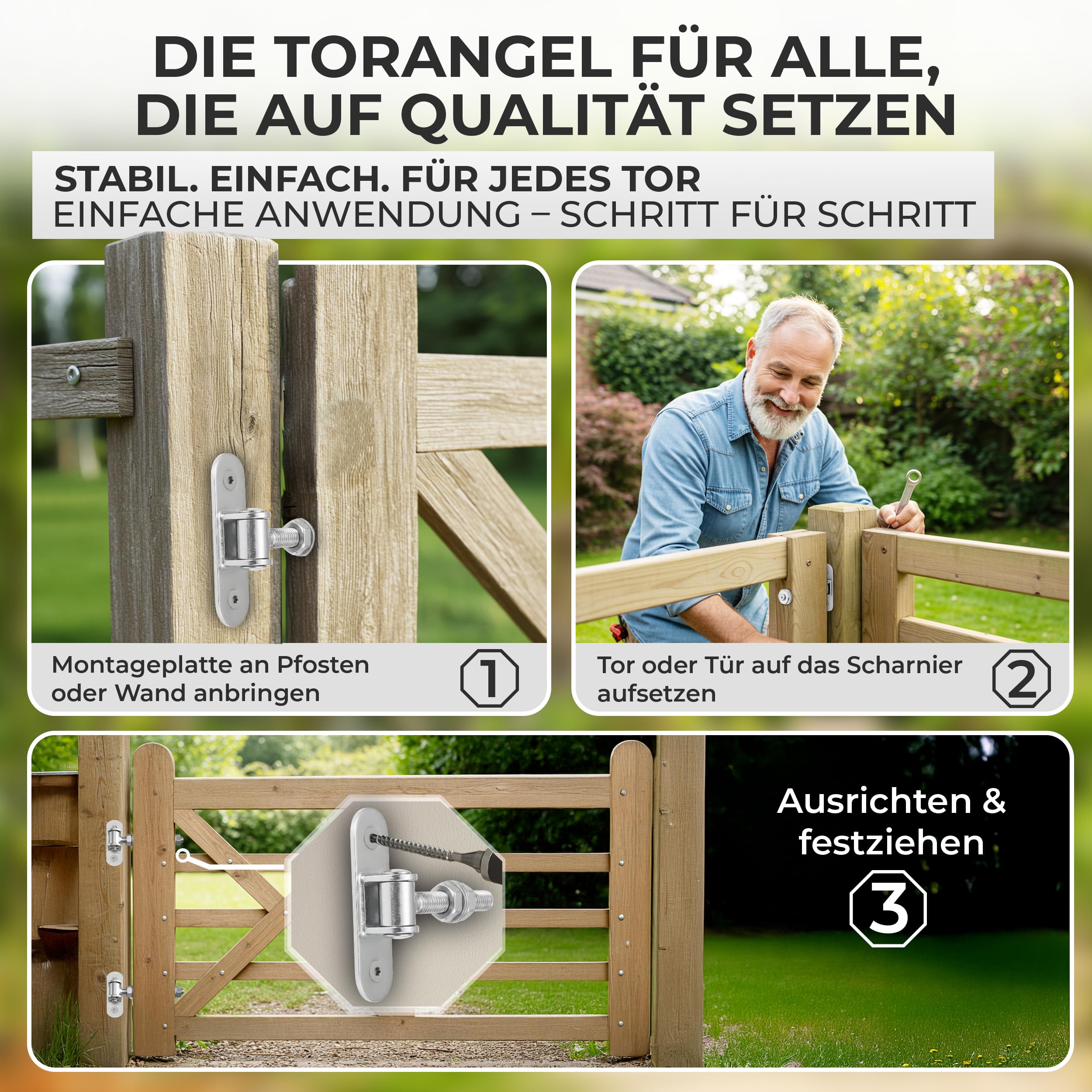 Juego de 4 bisagras de puerta ajustables M12 115 mm, galvanizadas, placa de montaje de 90 mm, incluye tornillos autorroscantes para madera y metal, puerta de jardín, puerta de patio o valla