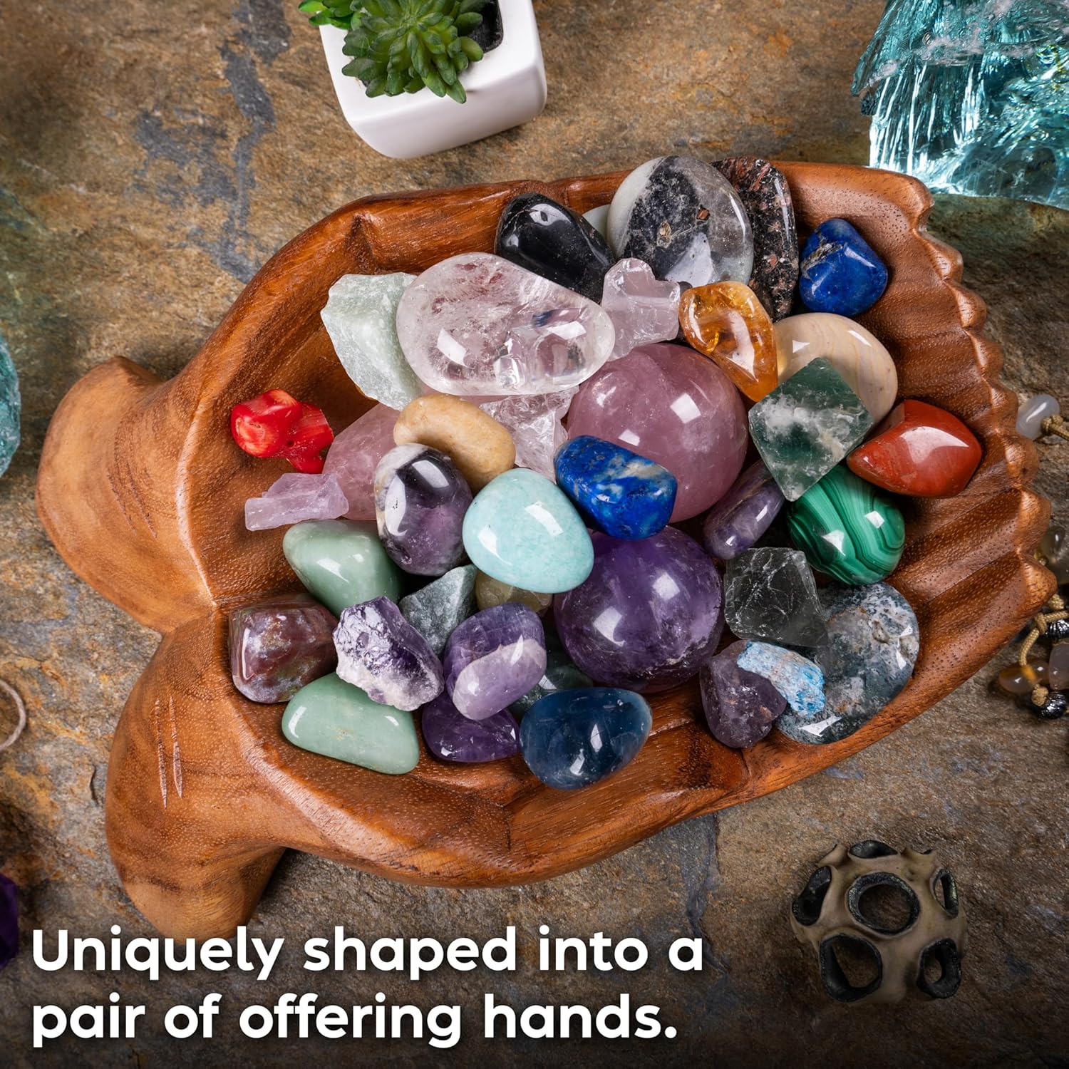 Curawood Carved Hands Offering Bowl - Crystal Holder for Stones, Rock Collection Holder, Crystal Display Storage Tray, Wooden Hands Bowl for Keys - Rock Display Case for Shelf, Stand, Altar Decor (L)