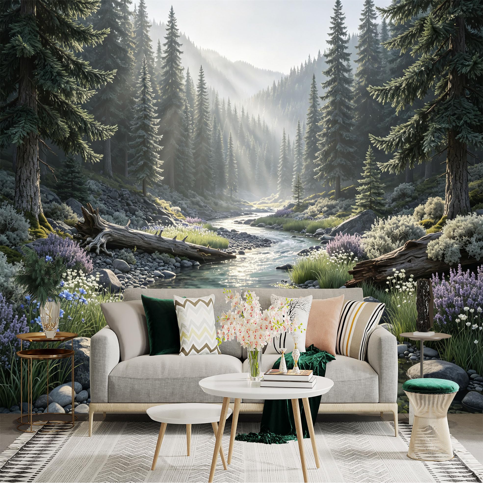 Lnzczhyre Bh260719701 Custom Size Wall Sticker Mural， Misty Morning Forest Stream， Sunlight Through Trees， Nature Landscape， For Wall Decoration， Peelandstick Wall Decals.