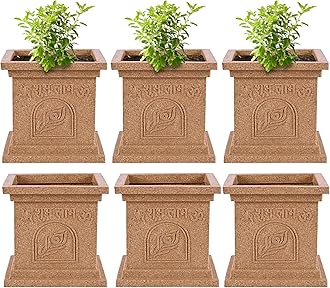 Heart Home Pack of 6 Plastic Tulsi Mancha For Home | 12 Inch Modern Tulsi Gamla/Planter Pot for Home Decor, Balcony & Garden | Marble Design-Beige