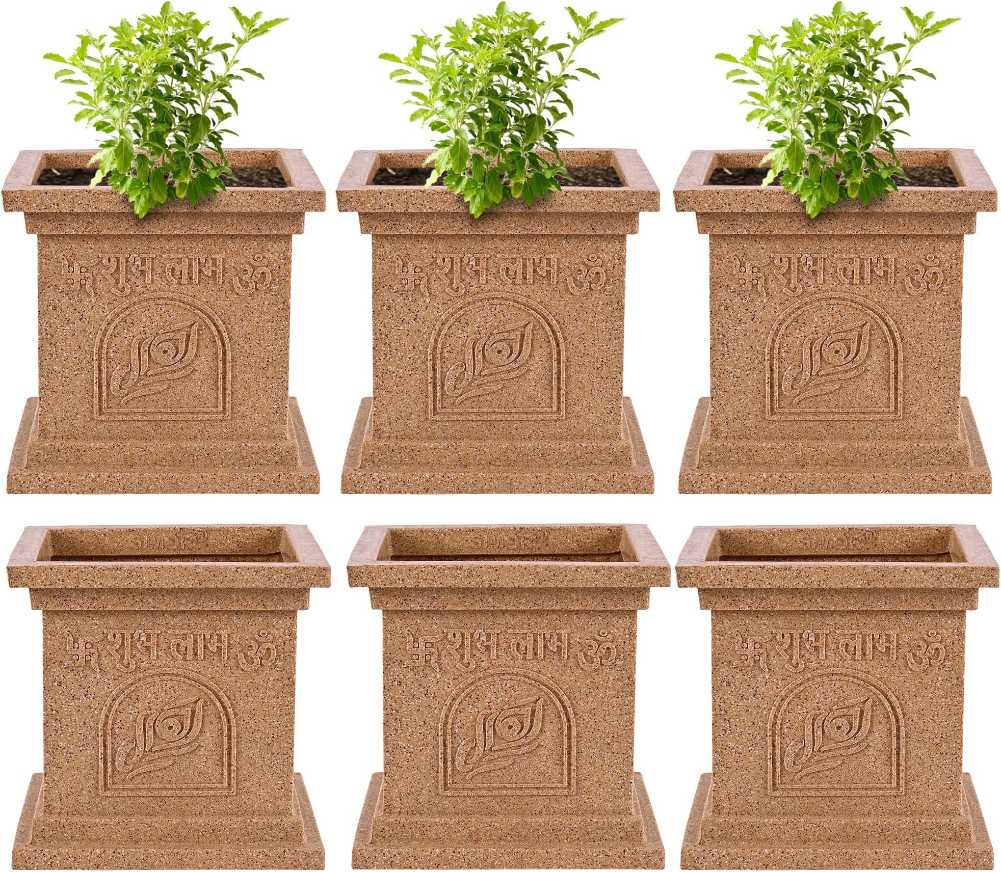 Heart Home Pack of 6 Plastic Tulsi Mancha For Home | 12 Inch Modern Tulsi Gamla/Planter Pot for Home Decor, Balcony & Garden | Marble Design-Beige