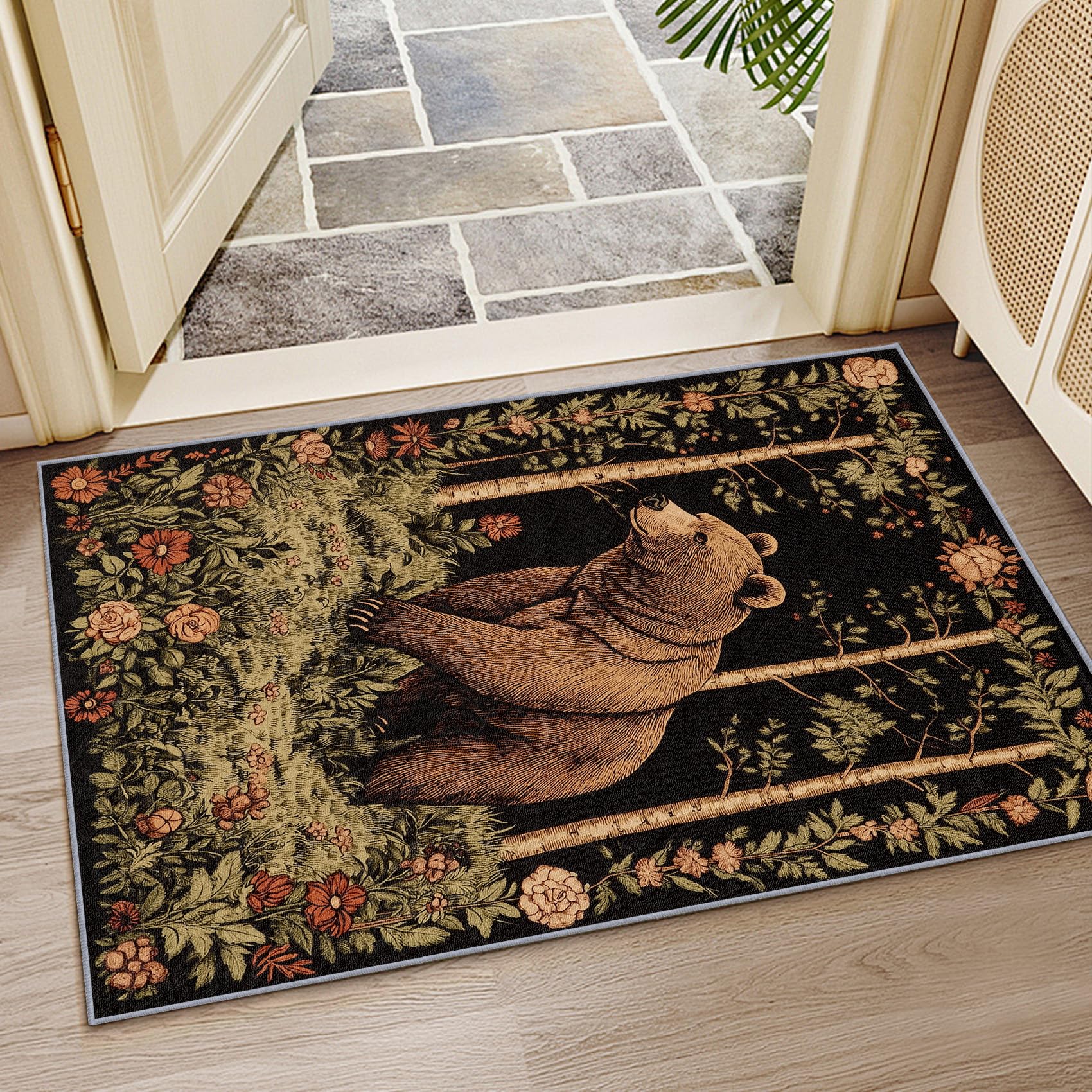 Bär Teppich 200x200 cm, Waldtiere Floral Waschbarer Teppiche Wohnzimmer, Rustikal Tierwelt rutschfest Antirutsch Groß Teppiche Für Esszimmer, Quadratisch, Braun