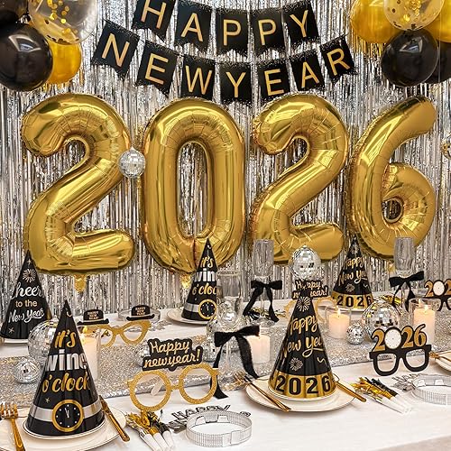 Suministros para fiesta de Año Nuevo 2026 – Kit de decoración de feliz año nuevo – Juego de 50 unidades incluye pancarta, sombreros, cinta, gafas,