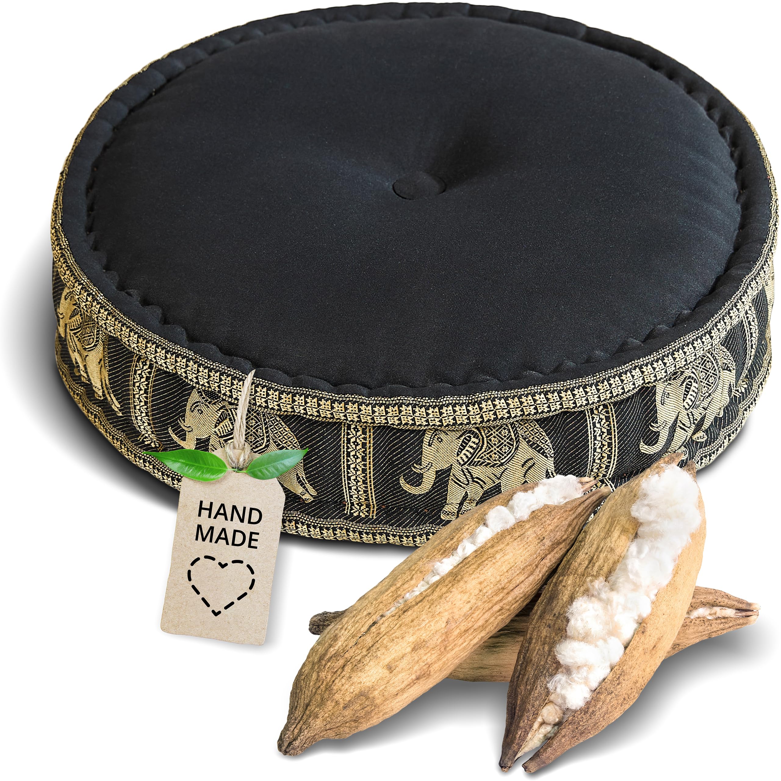 Livasia Black/Elephants, Silk Meditation Cushion With Thai Silk - Ø 18X6″ - Yoga Cushion Kapok, Pouffe, Floor Cushion Yoga Zen Meditation, Seat Cushion Garden Balcony, Zafu ()