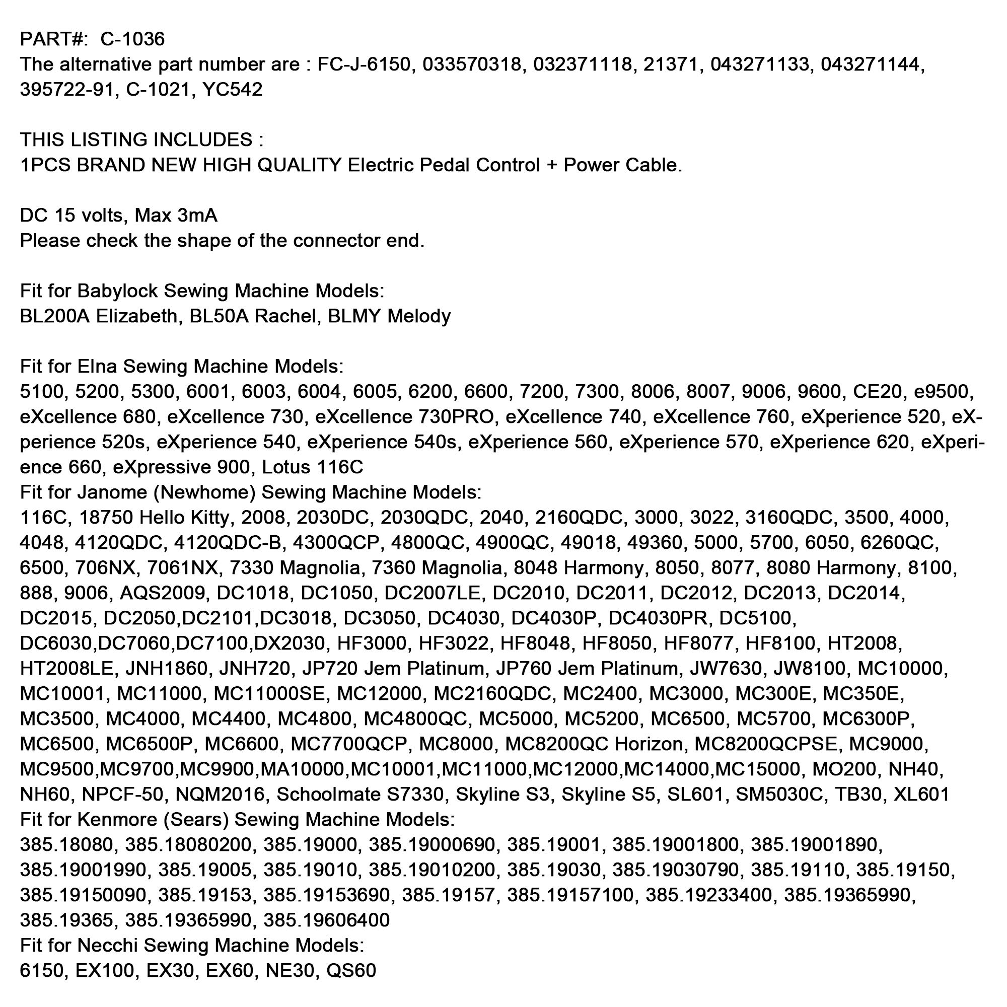 KUNPENG -#C-1036, 033570318 Pedale di controllo per macchina da cucire Necchi Kenmore Janome New Home Elna +
