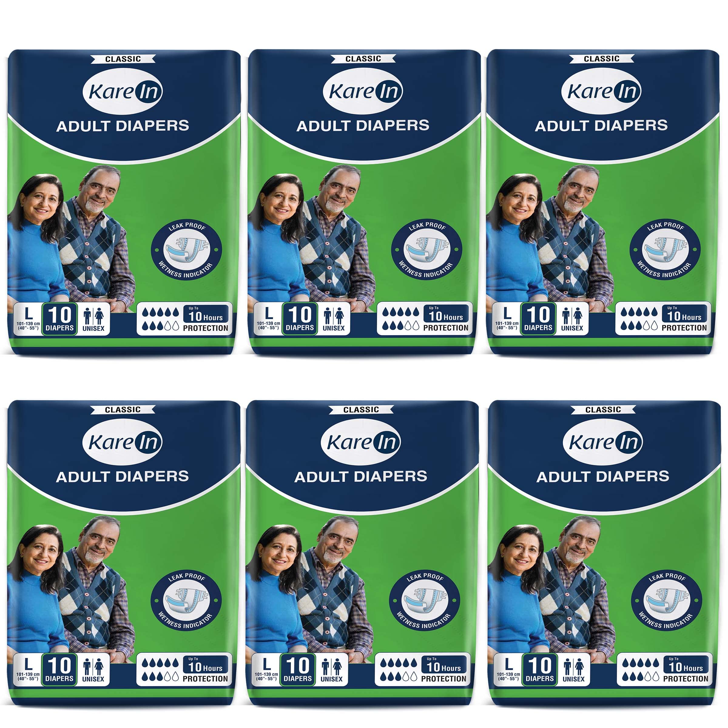 KareIn Classic Adult Diapers, Large, Waist Size 101-139 Cm (40"-55"), 60 Count, Tape Style, Unisex, High Absorbency, Leak Proof, Wetness Indicator, Pack of 6