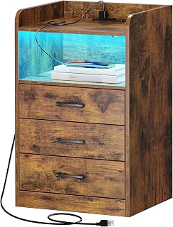 SUPERJARE Nightstand with Charging Station and LED Light Strips, Night Stand with Drawers, End Table with USB Ports and Outlets, Bedside Table for Bedroom, Vintage Brown