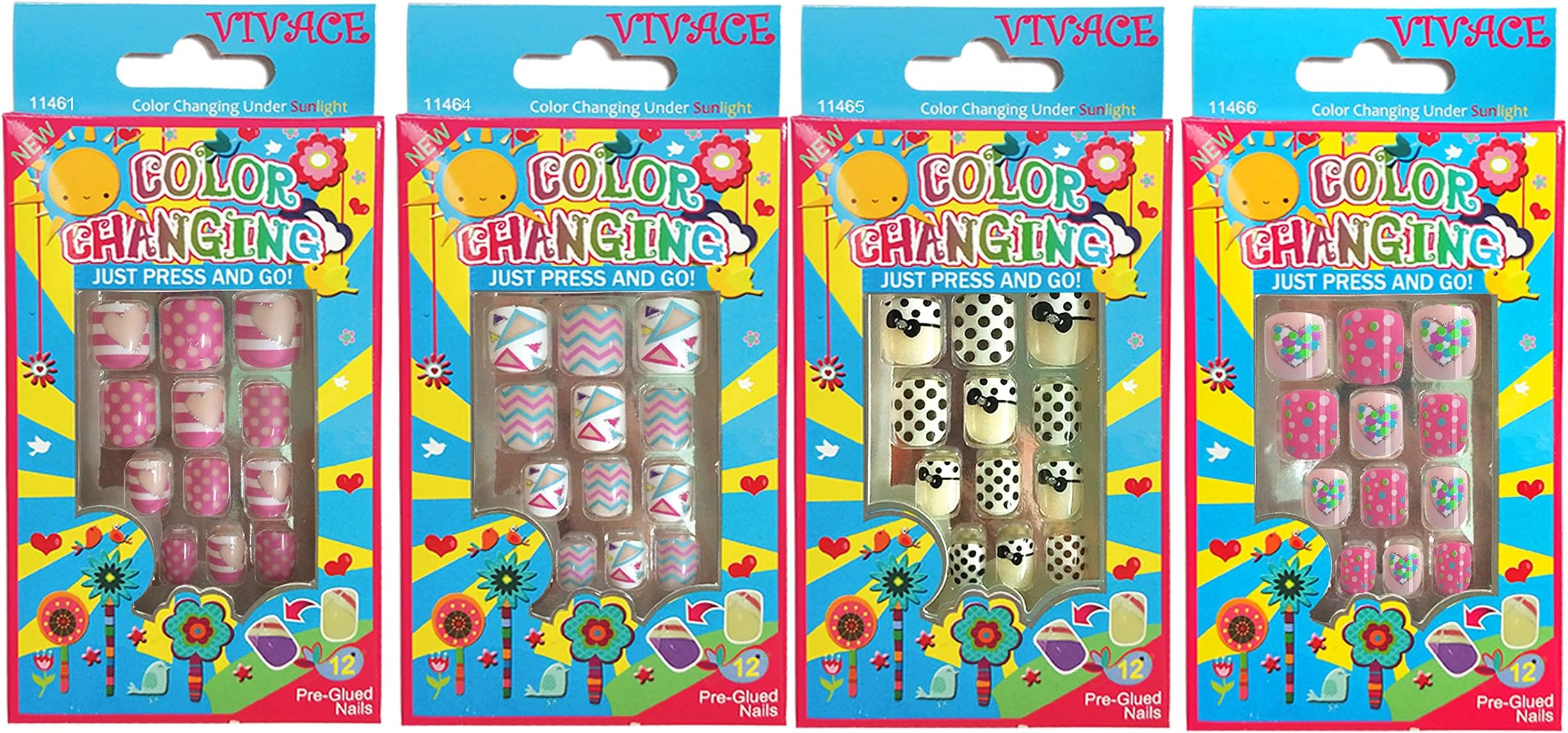 Vivace 4Pack 48Tips Color Changing Under Sun Fake Nails, Artificial Preglued Junior Sticker Nails 11461 etc (Sun 1)