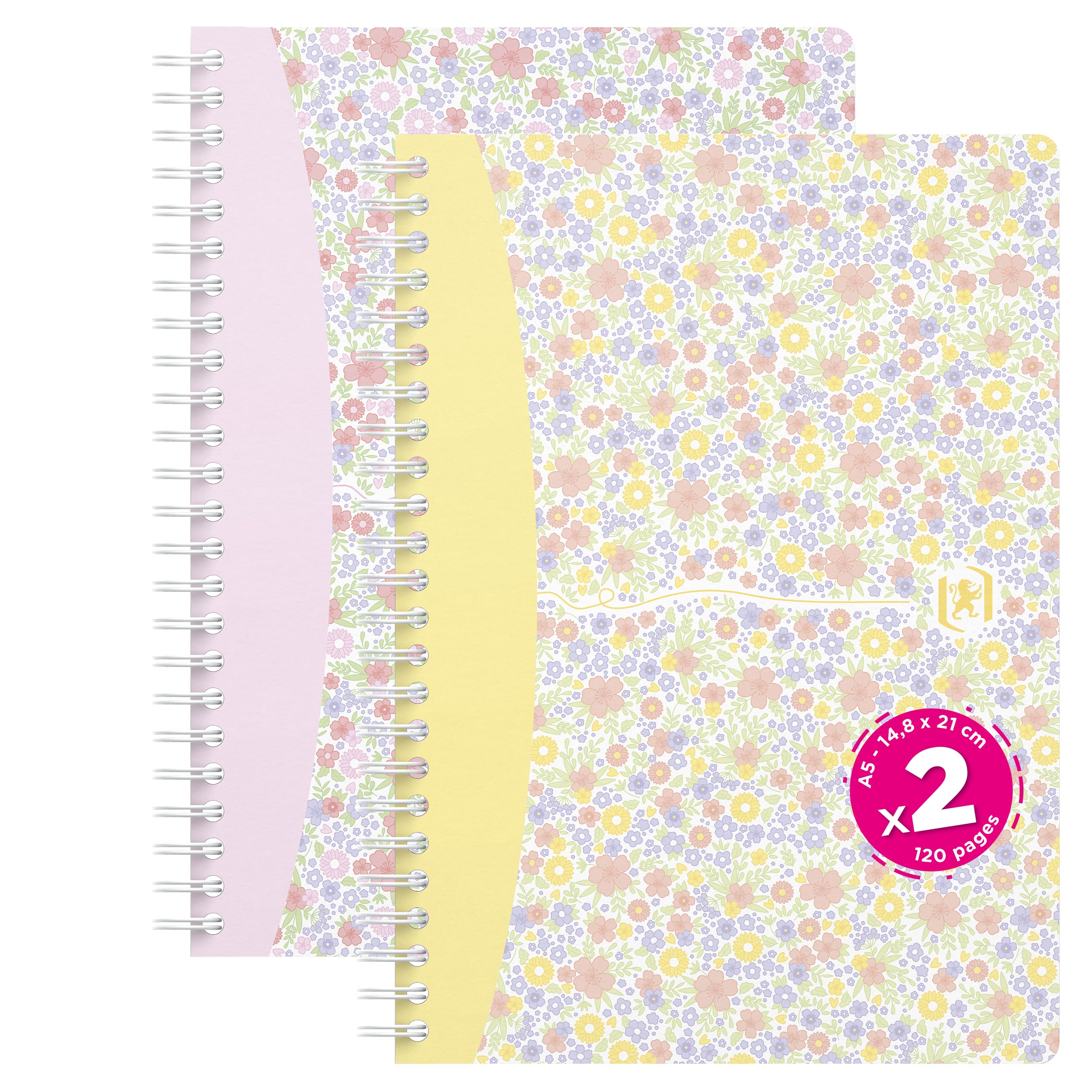 Oxford Floral Pastel, Pack of 2 A5 Small Squares Notebook, 120 Pages, Spiral Binding, Card Cover, Assorted Colours