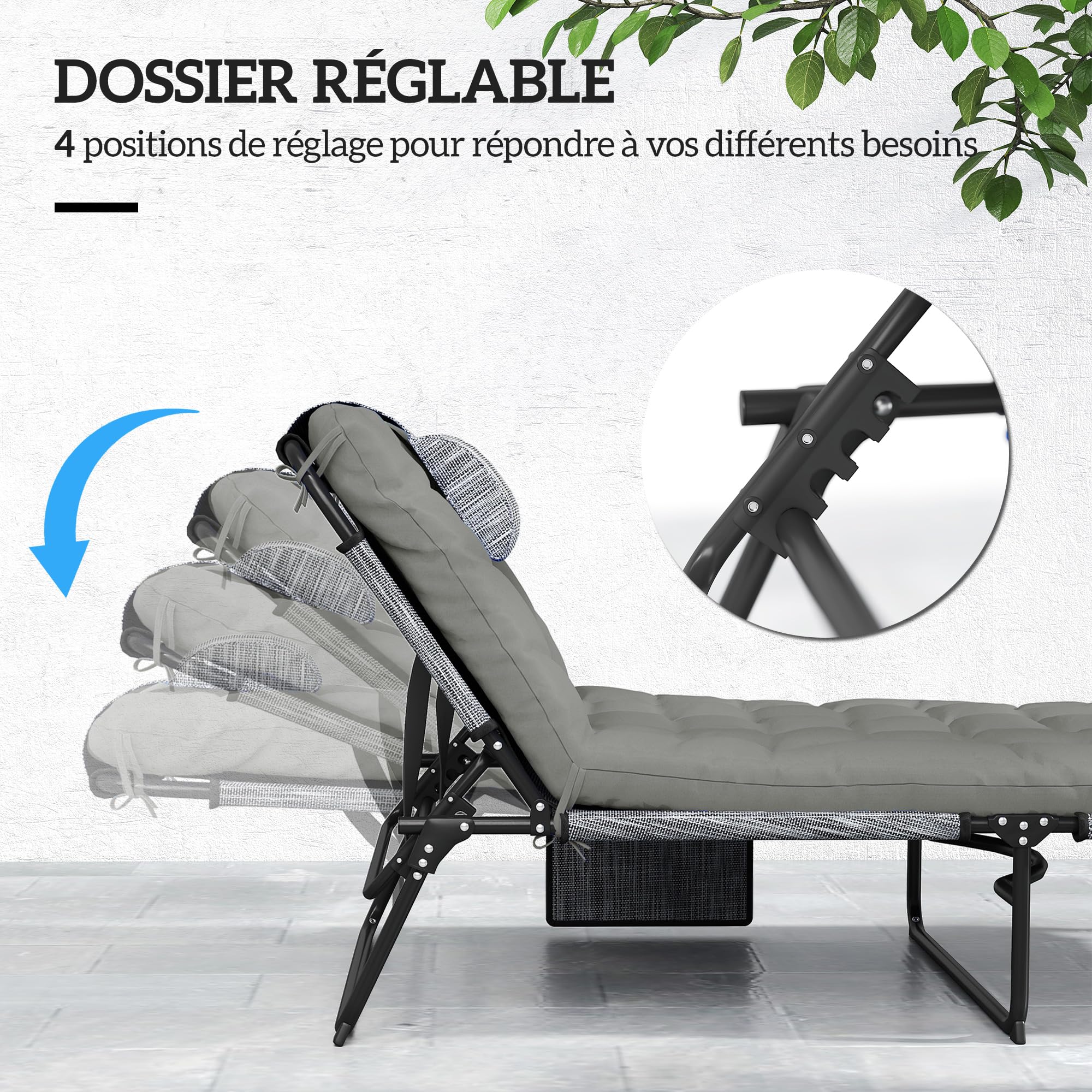 Outsunny Lot de 2 transats Bains de Soleil Pliable avec Dossier inclinable 4 Positions - Appui-tête et Matelas épais Ultra Confortable - Tissu textilène et Acier, Gris